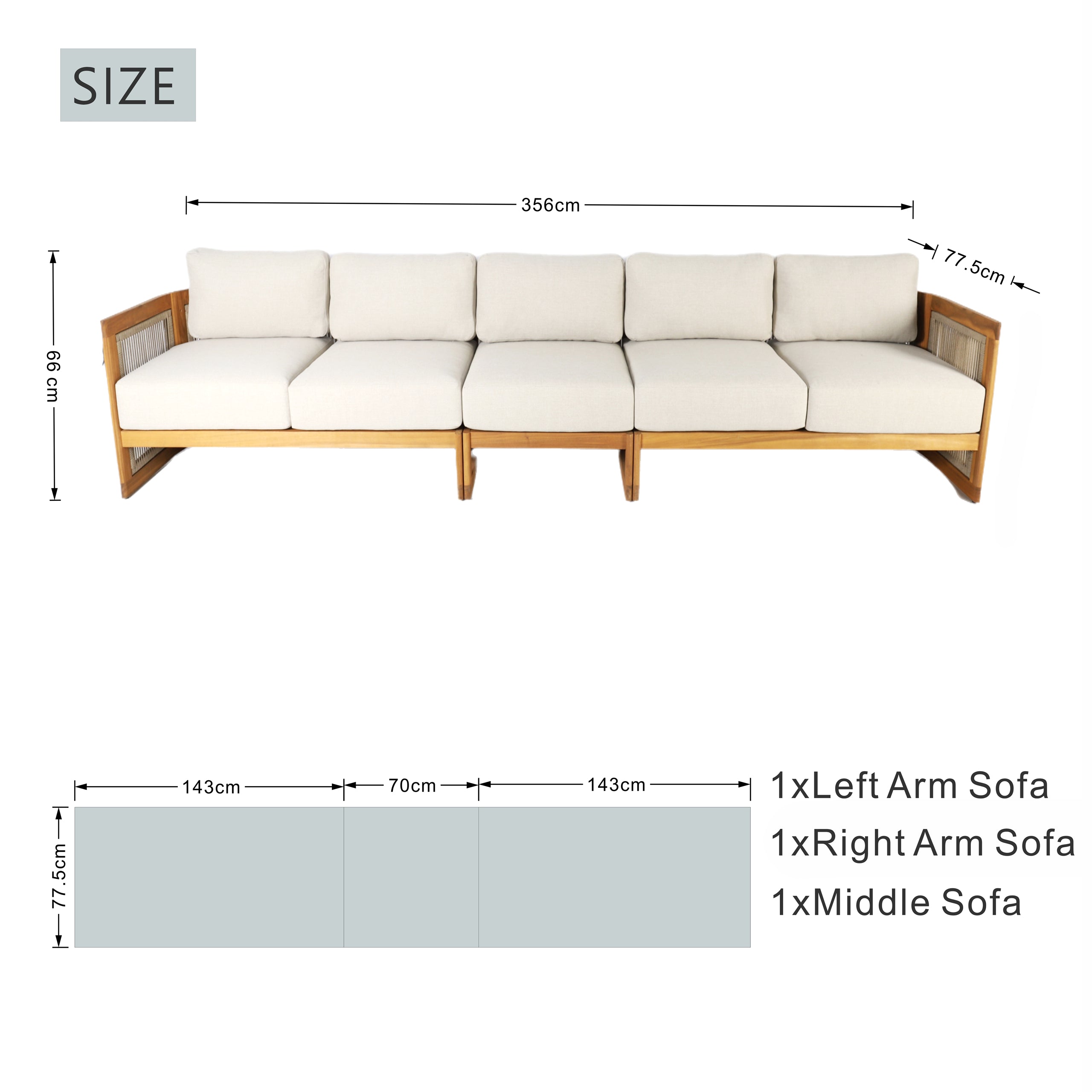 I-Shape 5-Seat Solid Acacia  Modular Sofa – Armless Middle with Side Support (PAS-2516-LS+MS+RS)