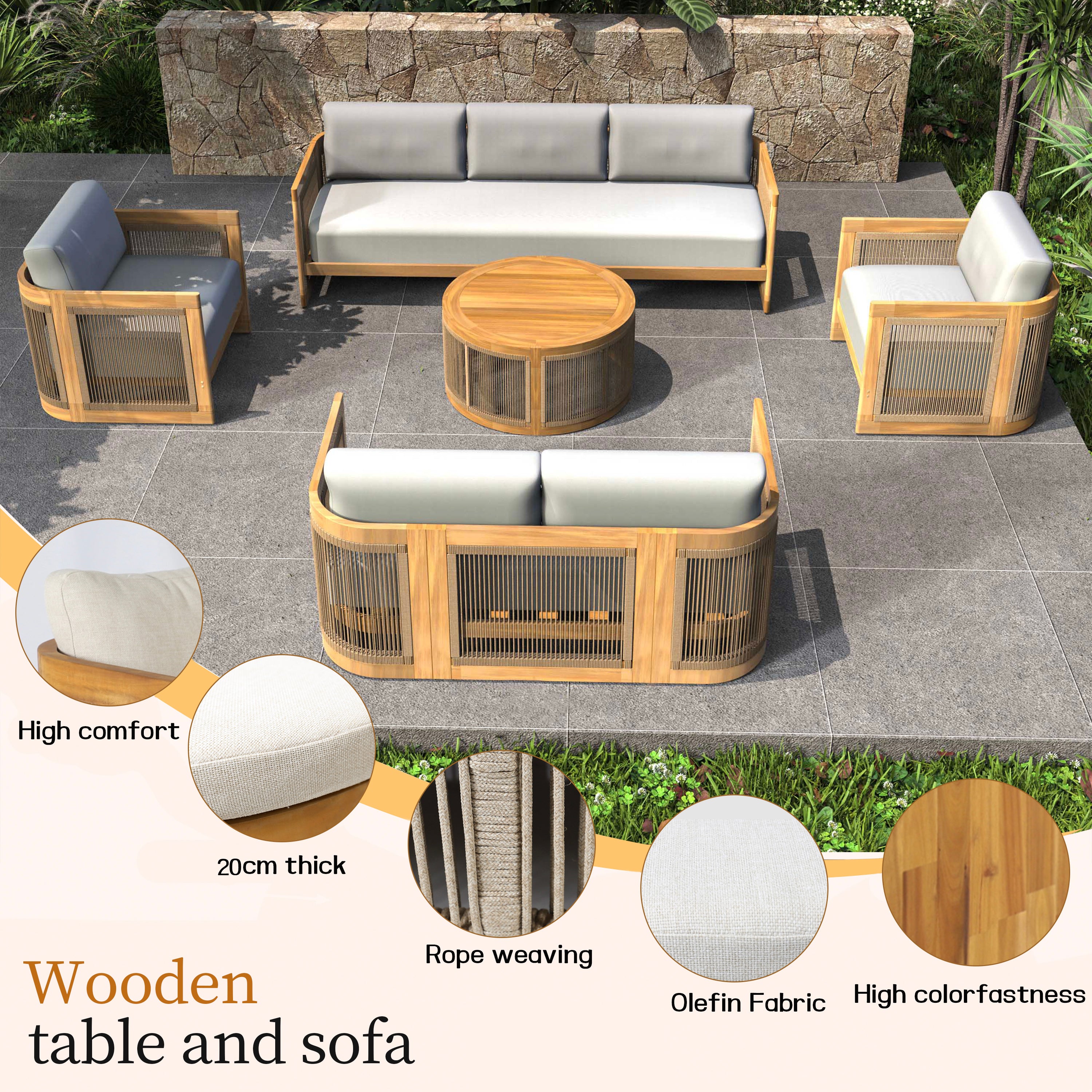 Solid Acacia 5-Seat Sofa Set with Round Coffee Table (PAS-2515-3SS+SSx2+RTA)