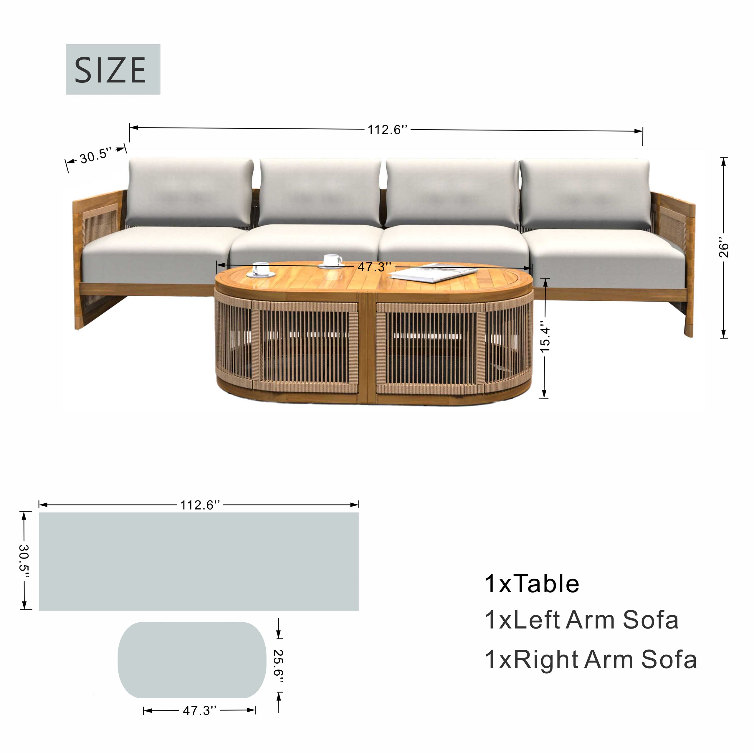 Solid Acacia 4-Seat Sofa with Oval Coffee Table (PAS-2516-LS+RS+OTA)