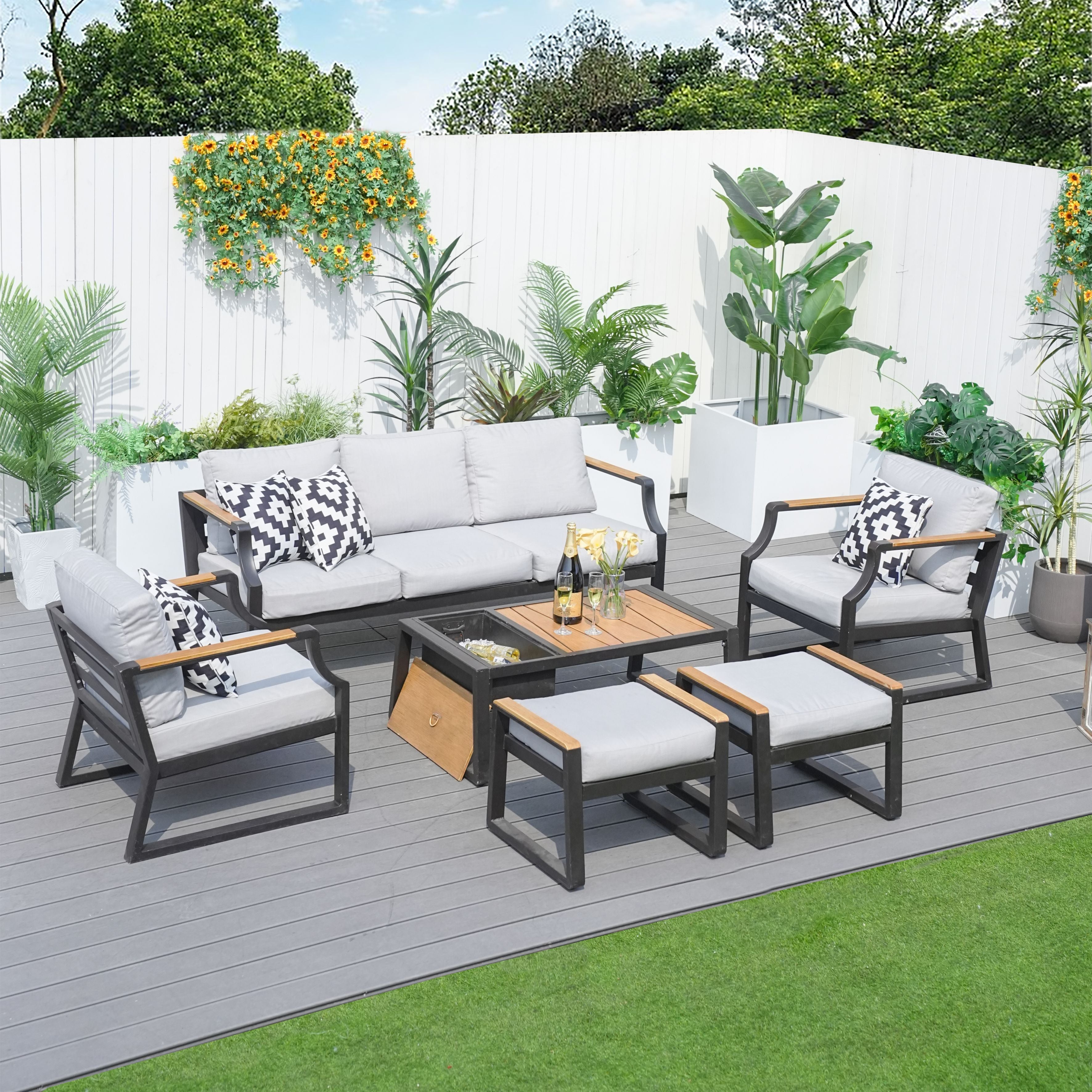 Warranty & Assembly Black Iron Conversational Sofa Set with Gray Cushions and Drink Cooler PAS-2101