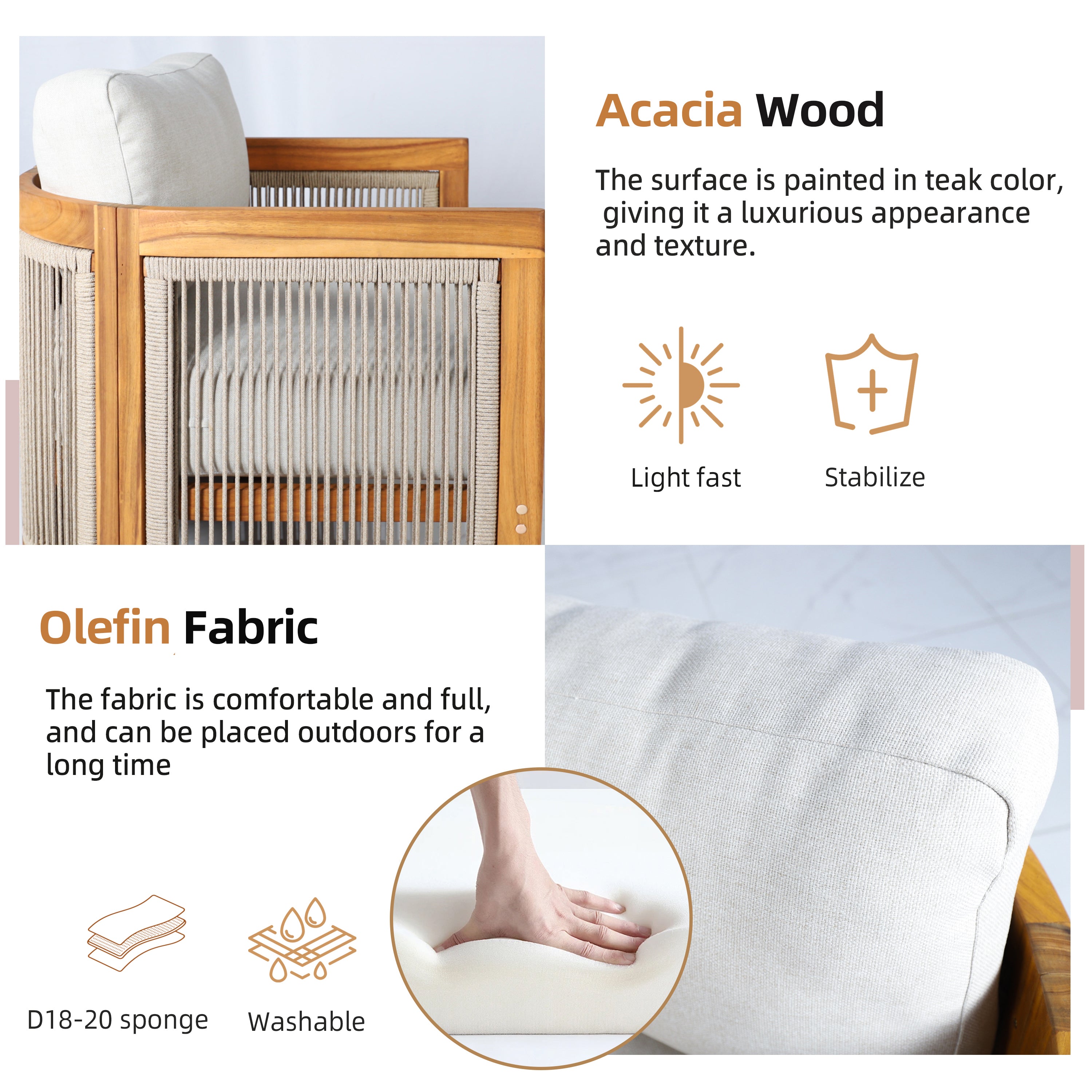 Solid Acacia 5-Seat Sofa Set with Round Coffee Table (PAS-2515-3SS+SSx2+RTA)