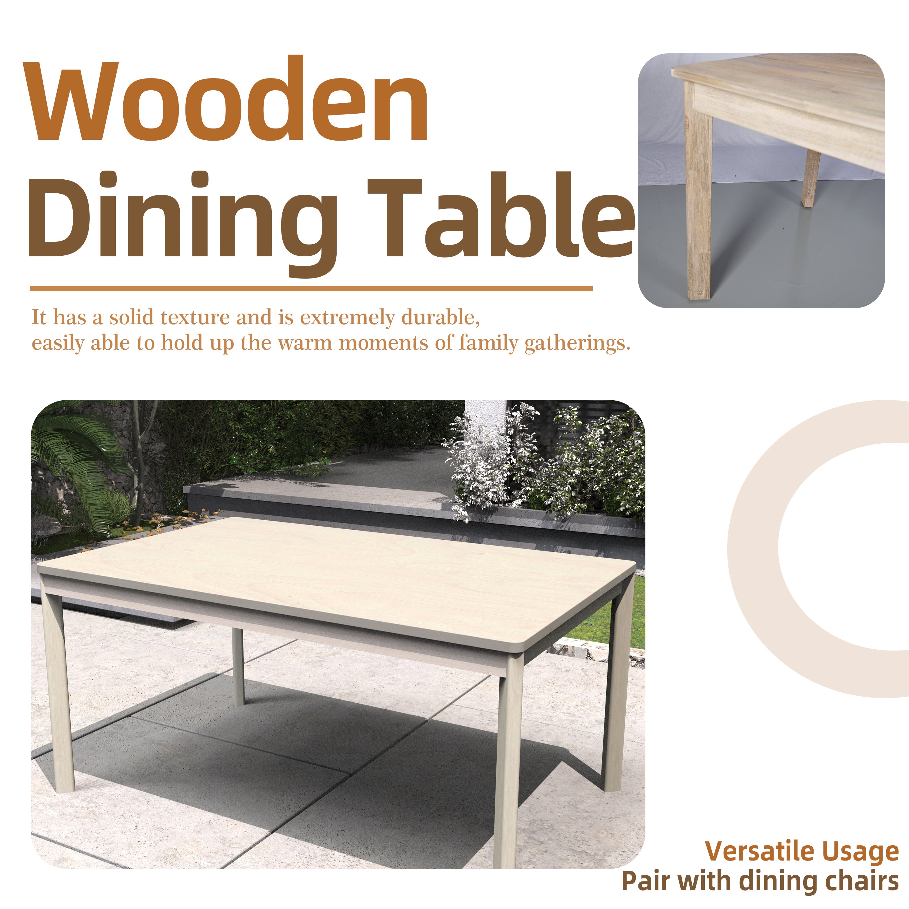 Solid Acacia Wood Dining Table – 63" Rectangular Table for Indoor & Outdoor Use