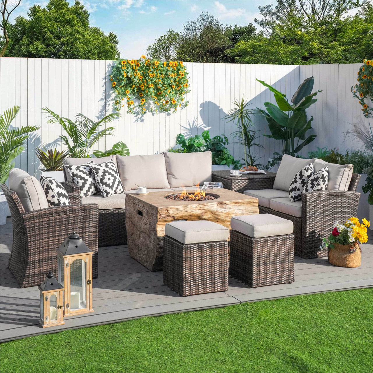 Santiago 7-Pieces Fire Pit Set with TerraFlame Rectangle Fire Pit Table (PAG-1403B+2170)