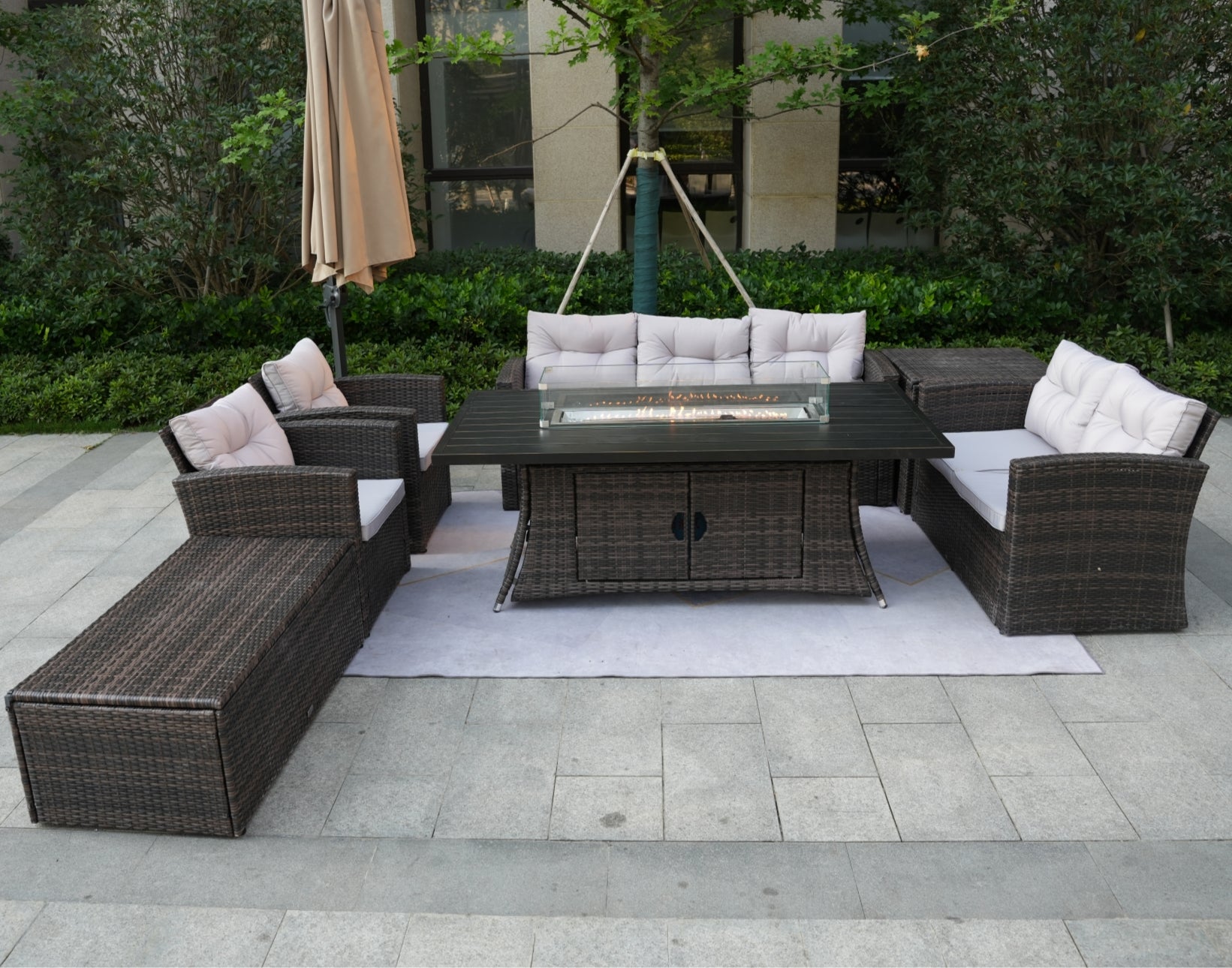 Outdoor Fire Pit Sofa Set with Rectangular Firepit Table (PAS-1503+1106RA)