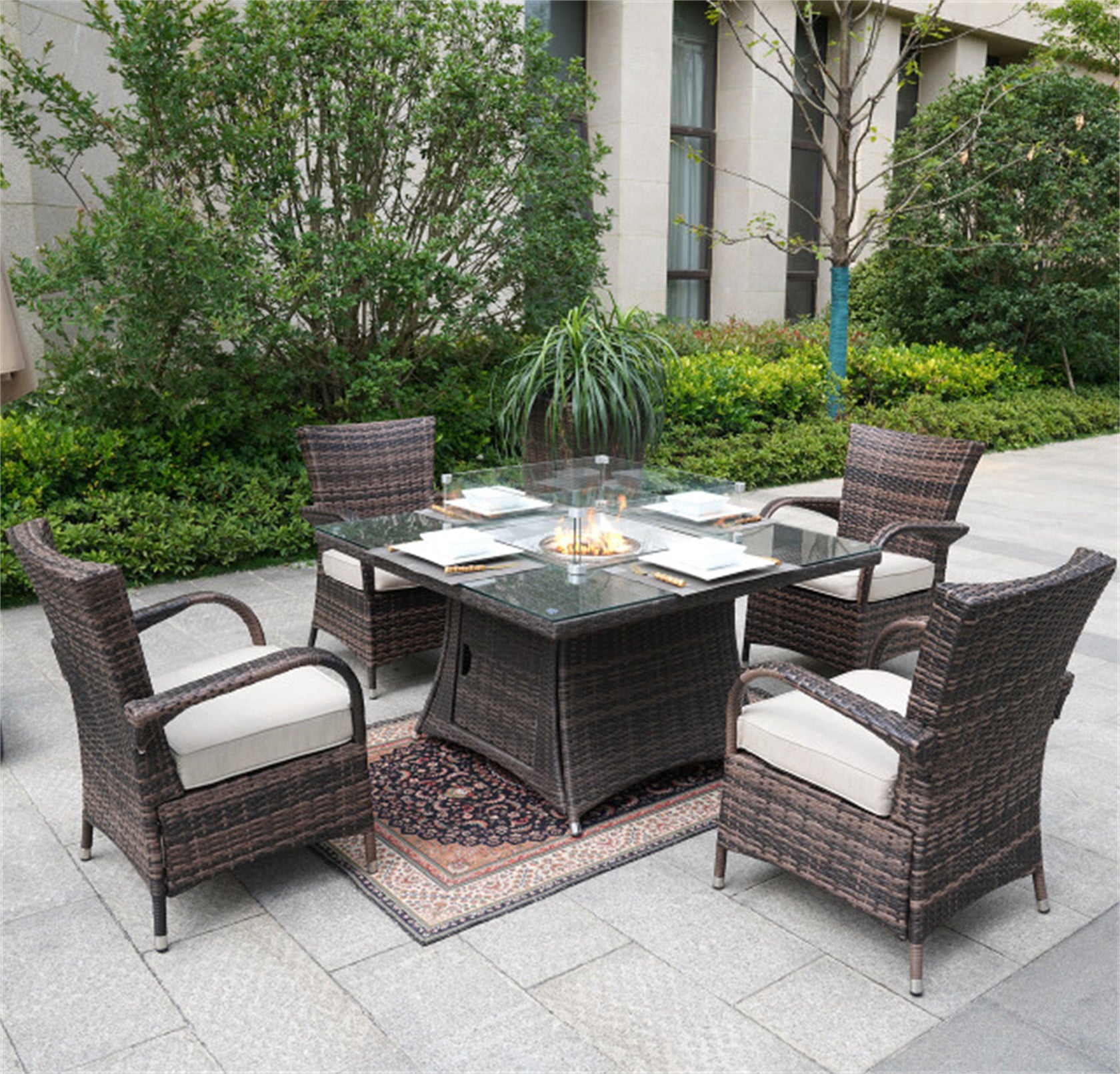 Hampton 4-Seat Outdoor Fire Pit Set - Square Fire Pit Table (PAG-1104+1122-BR)