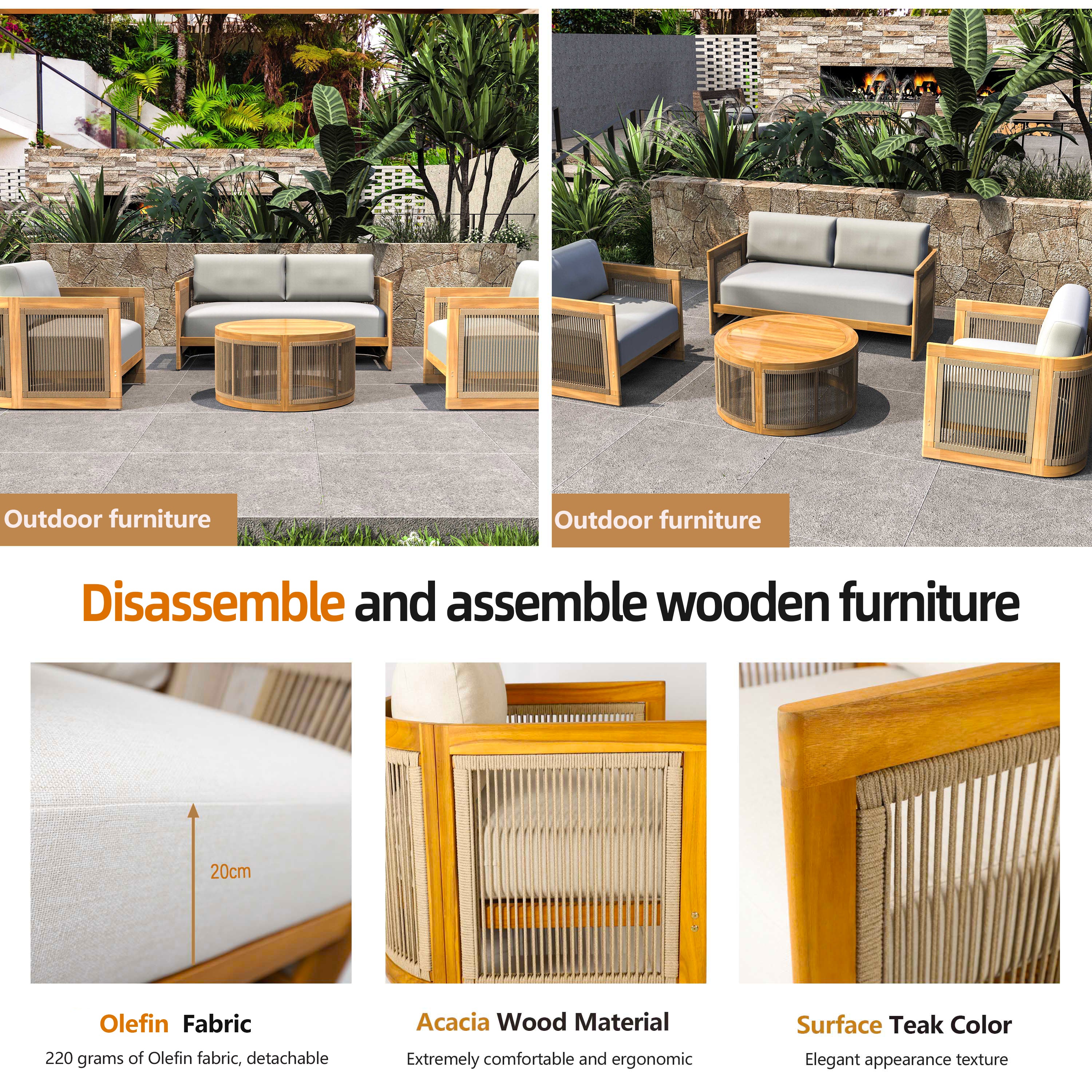 Solid Acacia 5-Seat Sofa Set with Round Coffee Table (PAS-2515-3SS+SSx2+RTA)