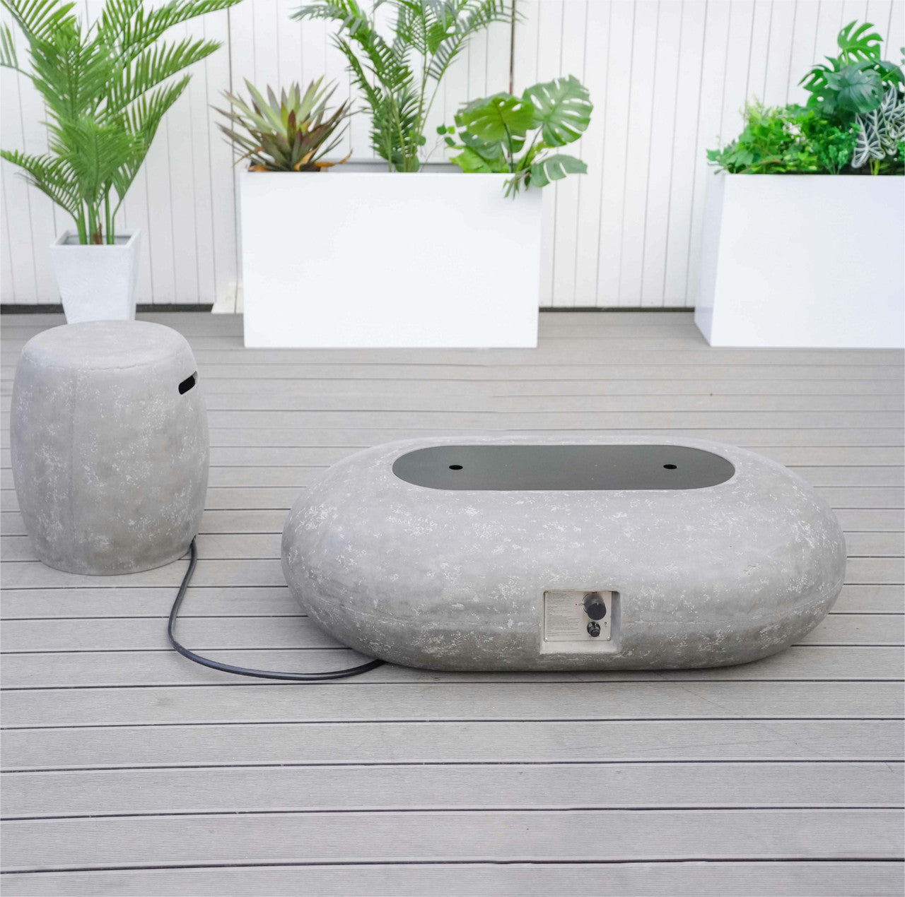 Grey Oval Cement Firepit Table with Gas Cylinder Cover PAG-24912