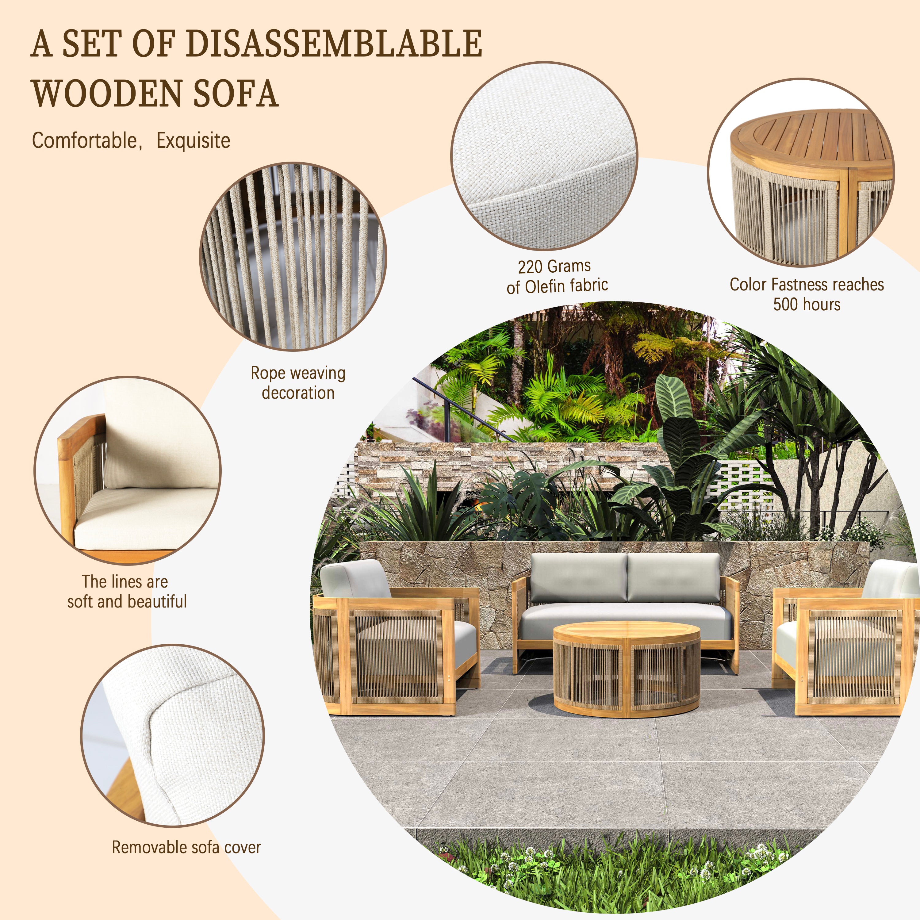 Solid Acacia 5-Seat Sofa Set with Round Coffee Table (PAS-2515-3SS+SSx2+RTA)