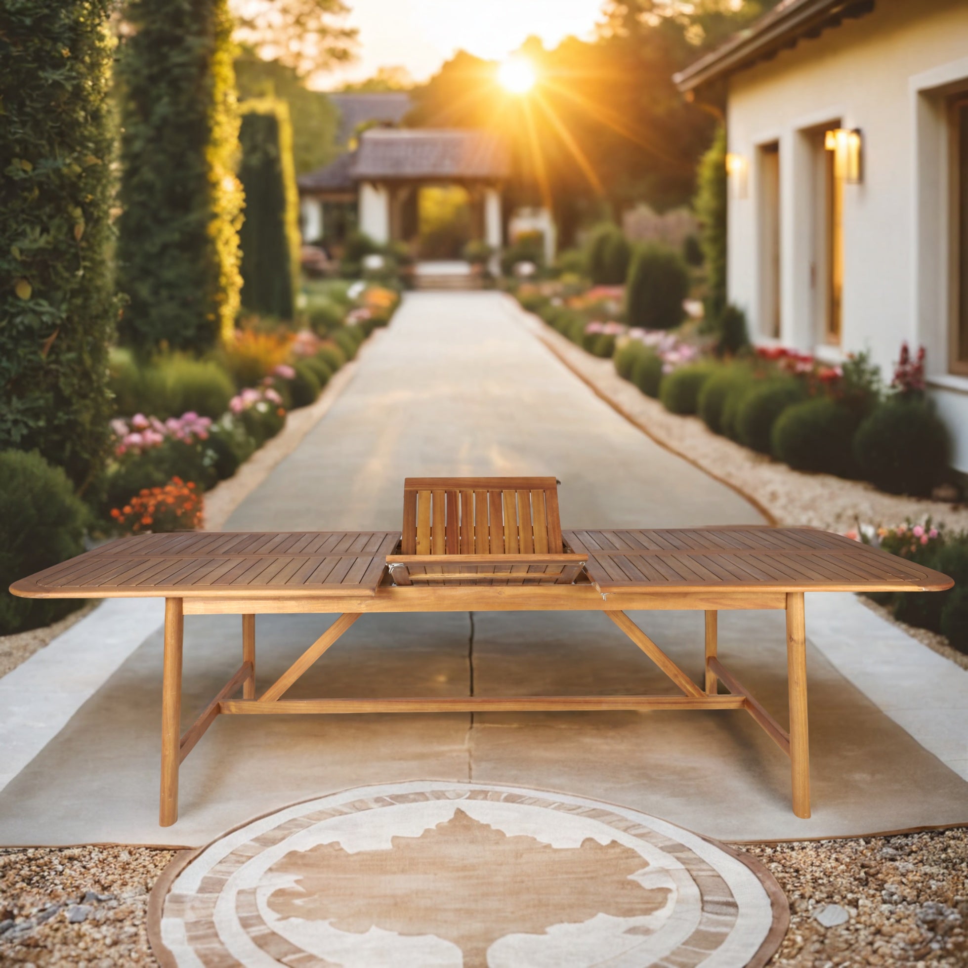 Expandable Solid Acacia Wood Dining Table – 86”–109” Rustic Outdoor Table