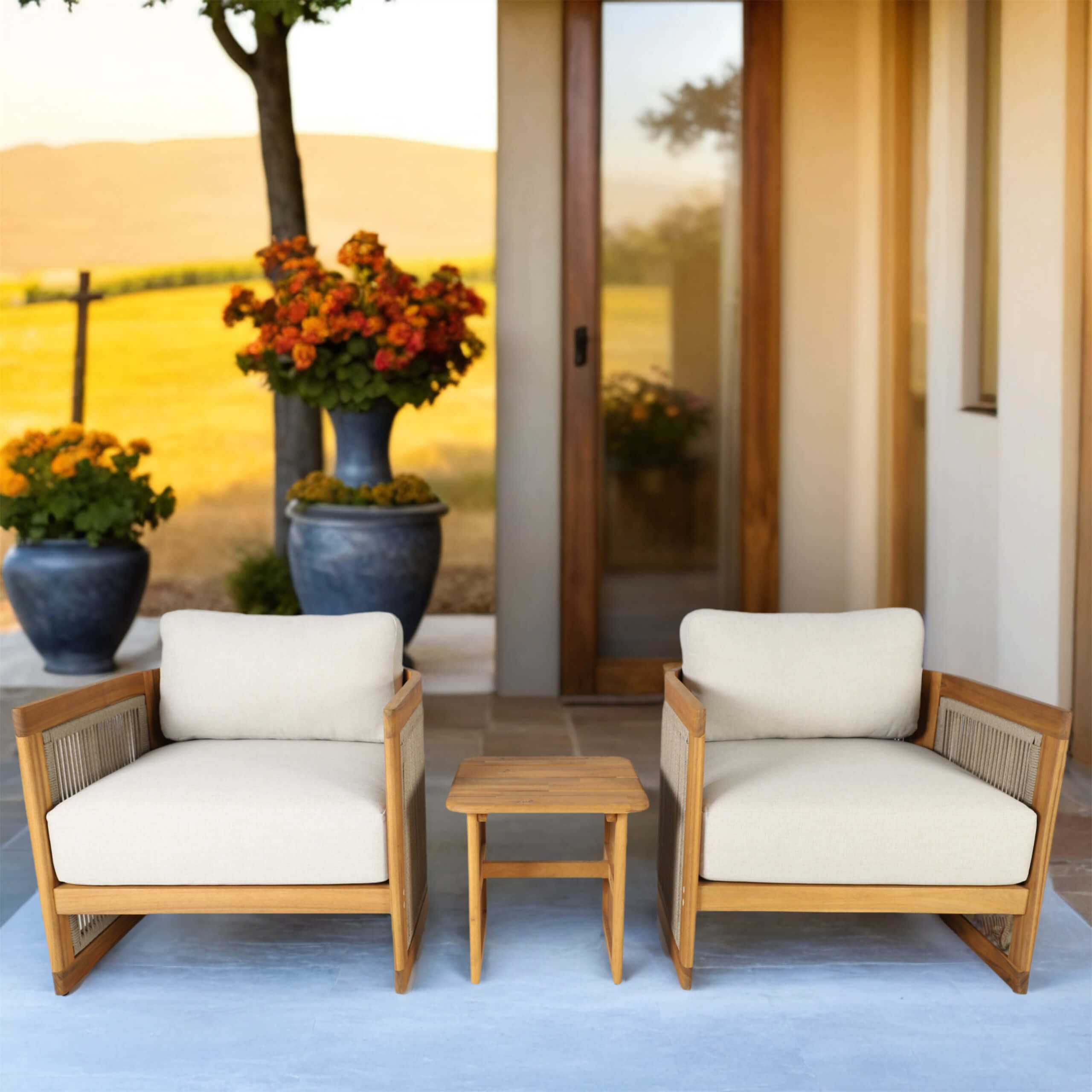 Solid Acacia 2-Seat Sofa Set with Side Table (PAS-2515-SSx2+ST)