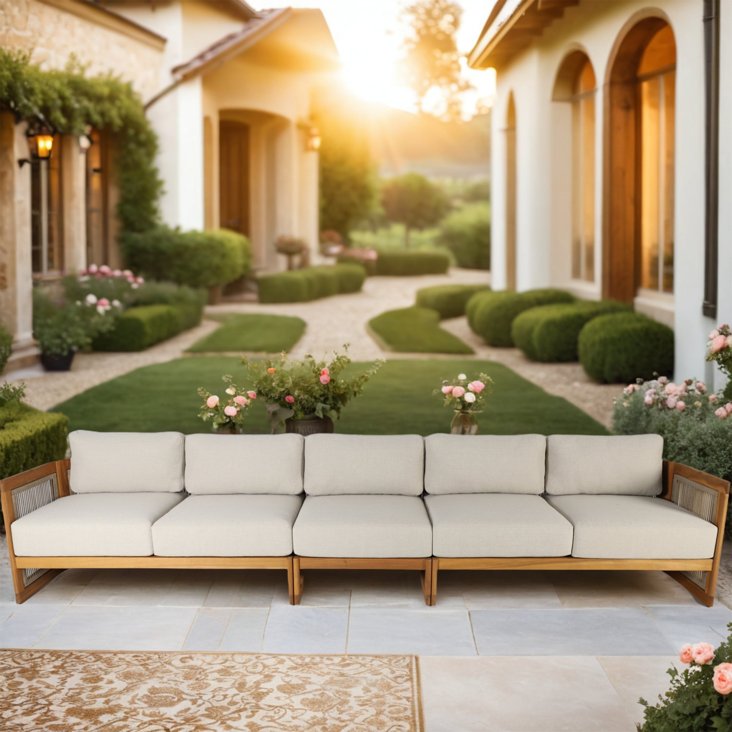 I-Shape 5-Seat Solid Acacia  Modular Sofa – Armless Middle with Side Support (PAS-2516-LS+MS+RS)