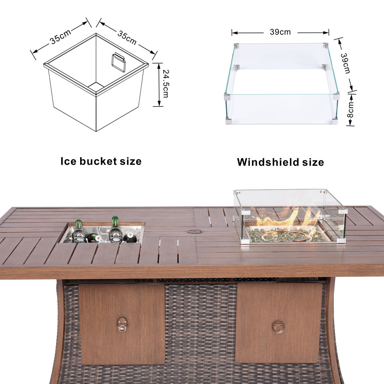 Details of 6 Seats Rectangular Aluminum Painted Fire Table with Ice Bucket and Fireplace