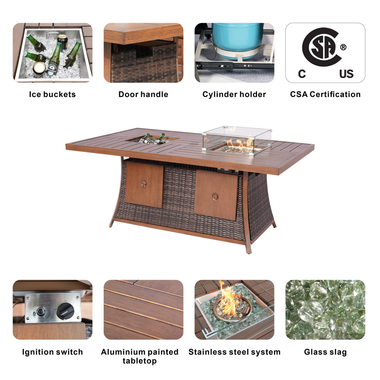 Details of 6 Seats Rectangular Aluminum Painted Fire Table with Ice Bucket and Fireplace