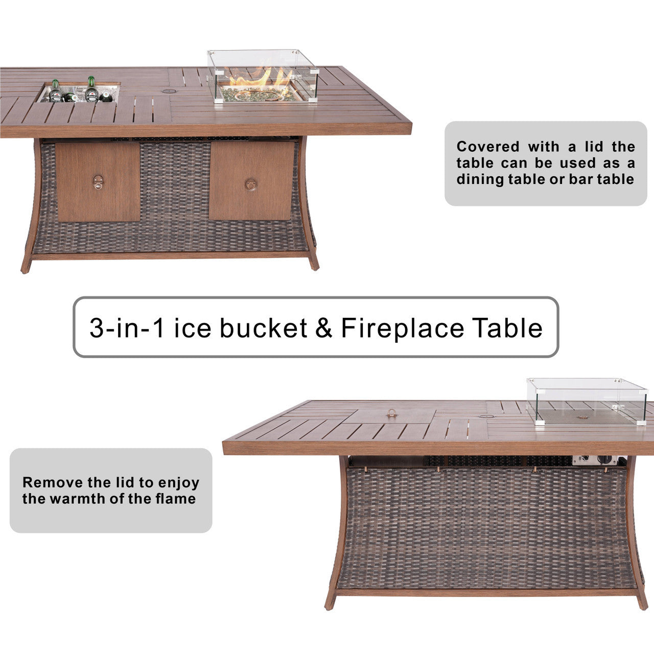 Details of 6 Seats Rectangular Aluminum Painted Fire Table with Ice Bucket and Fireplace
