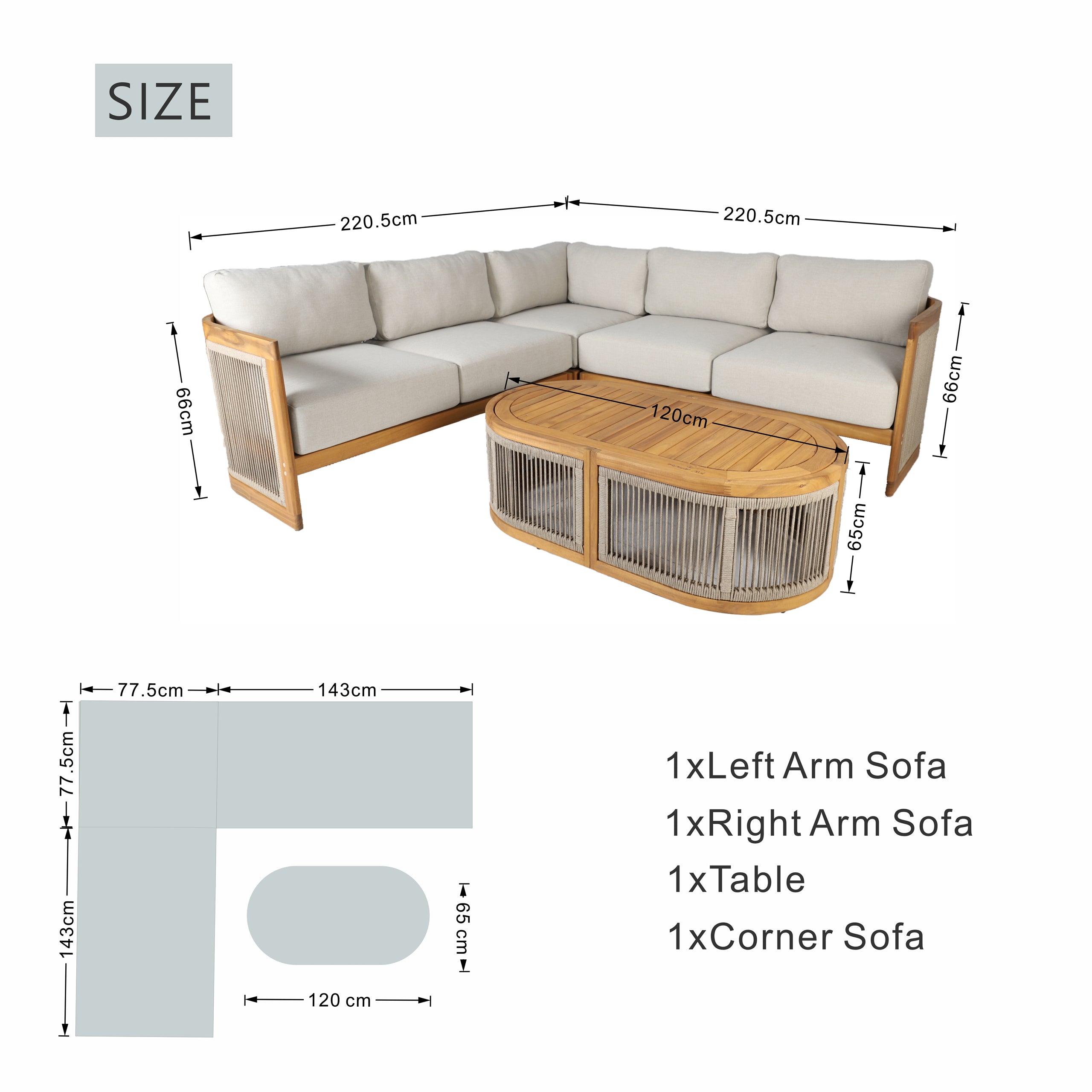 L-Shape 4-Seat Solid Acacia Modular Sofa Set with Oval Coffee Table (PAS-2516-LS+CS+RS+OTA)