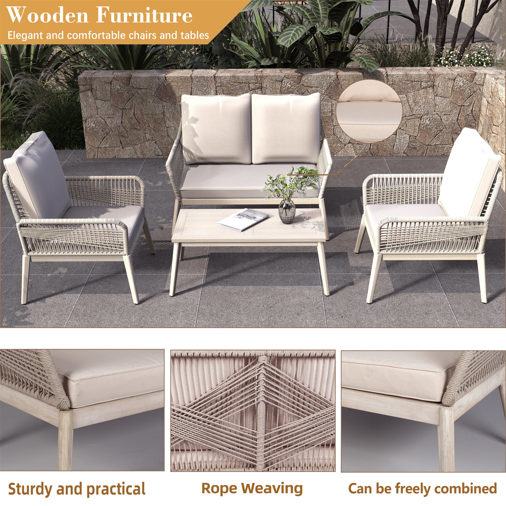 Acacia Wood Bench & Chair Sets – Outdoor Seating Set with Comfort & Woven Rope Design (PAC-2522)