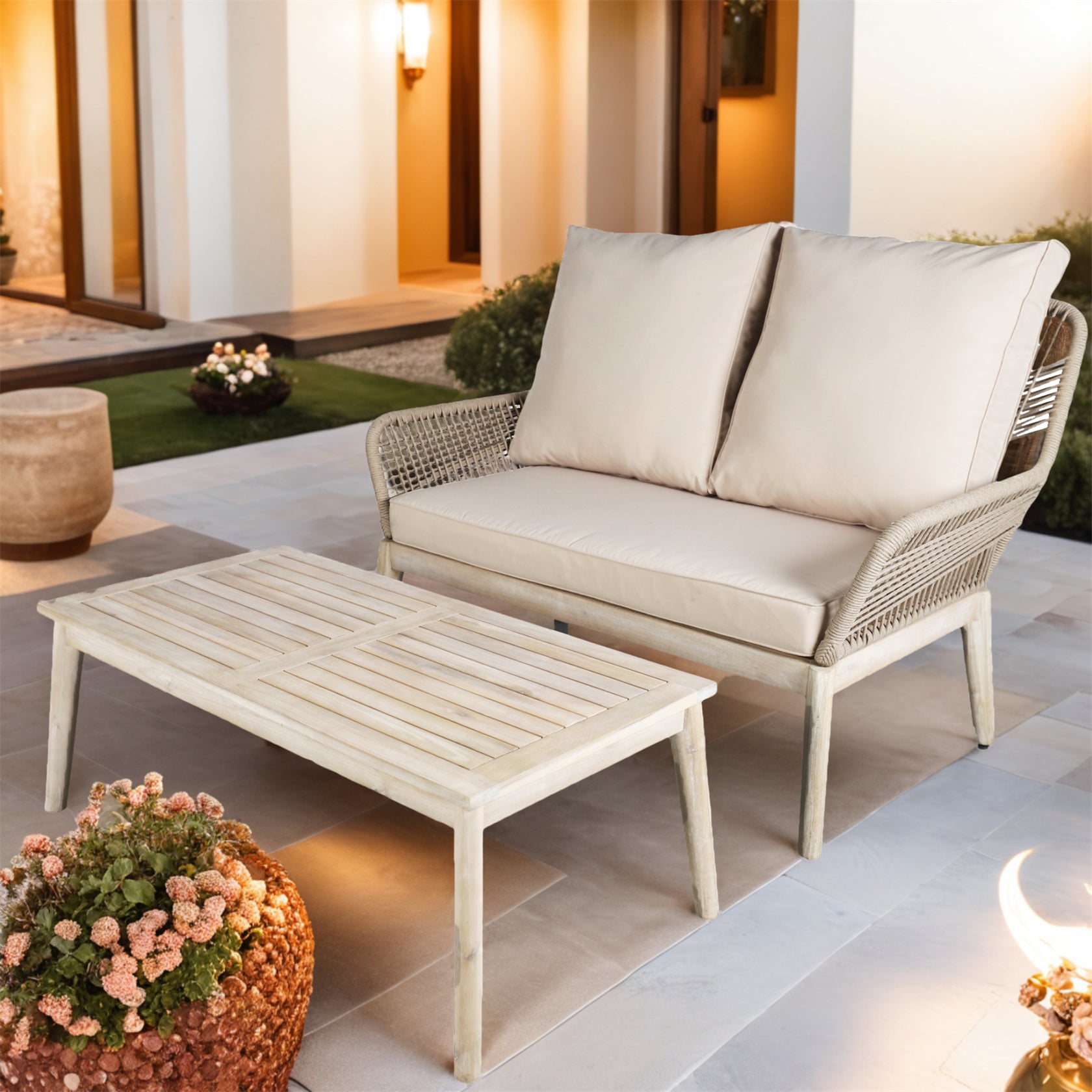 Acacia Wood Bench & Chair Sets – Outdoor Seating Set with Comfort & Woven Rope Design (PAC-2522)