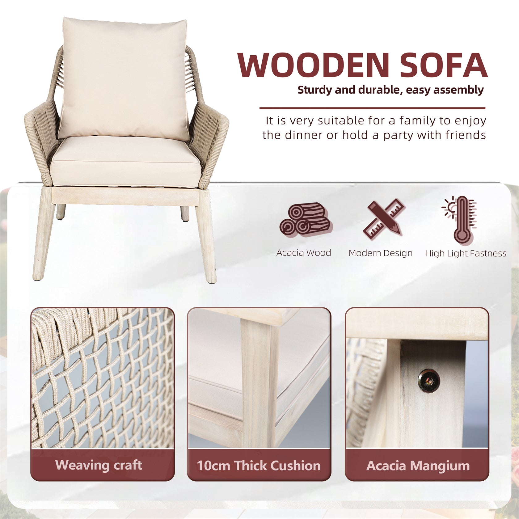 Acacia Wood Bench & Chair Sets – Outdoor Seating Set with Comfort & Woven Rope Design (PAC-2522)