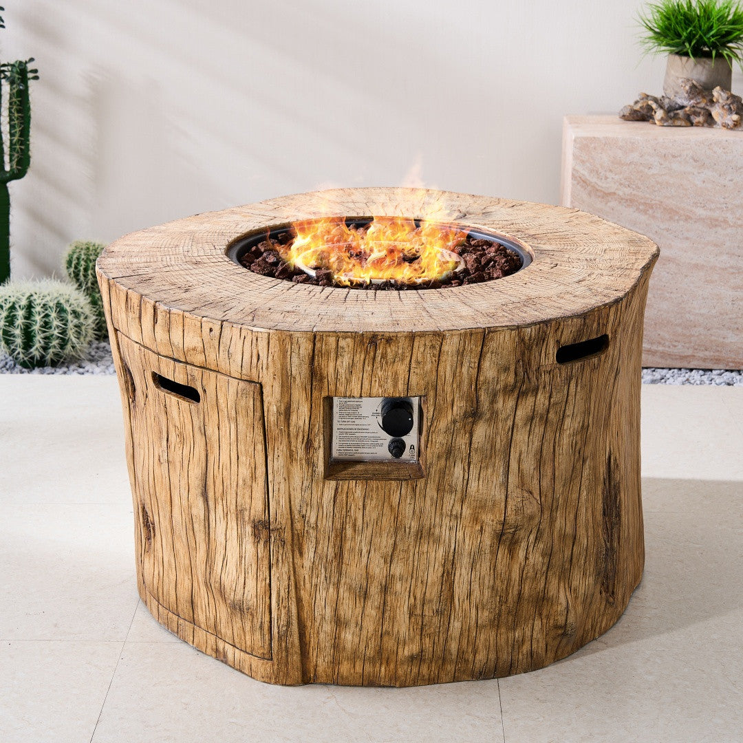 Patio Stainless Steel Grey Wood Grain Cylindrical Fire Pit Table