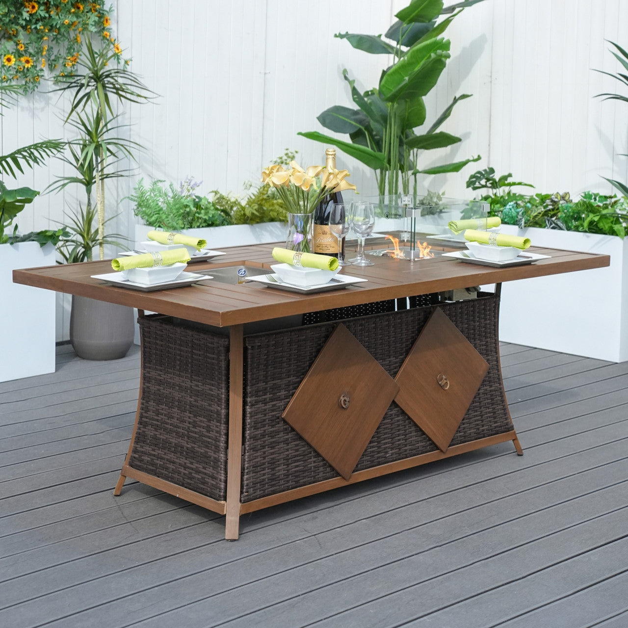 Details of 6 Seats Rectangular Aluminum Painted Fire Table with Ice Bucket and Fireplace