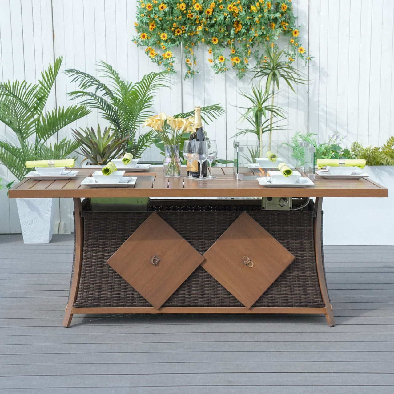 Details of 6 Seats Rectangular Aluminum Painted Fire Table with Ice Bucket and Fireplace