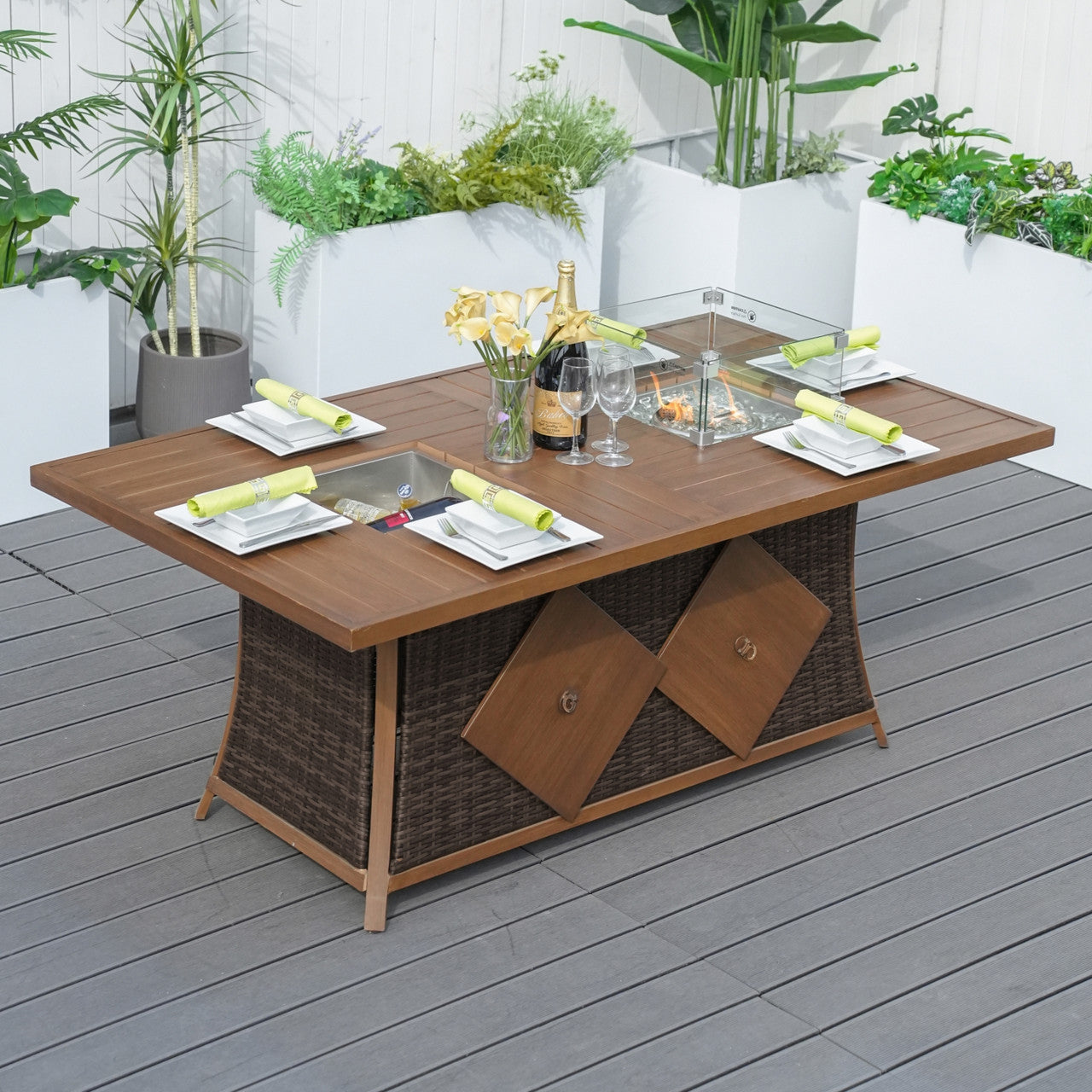 6 Seats Rectangular Aluminum Painted Fire Table with Ice Bucket and Fireplace in Brown