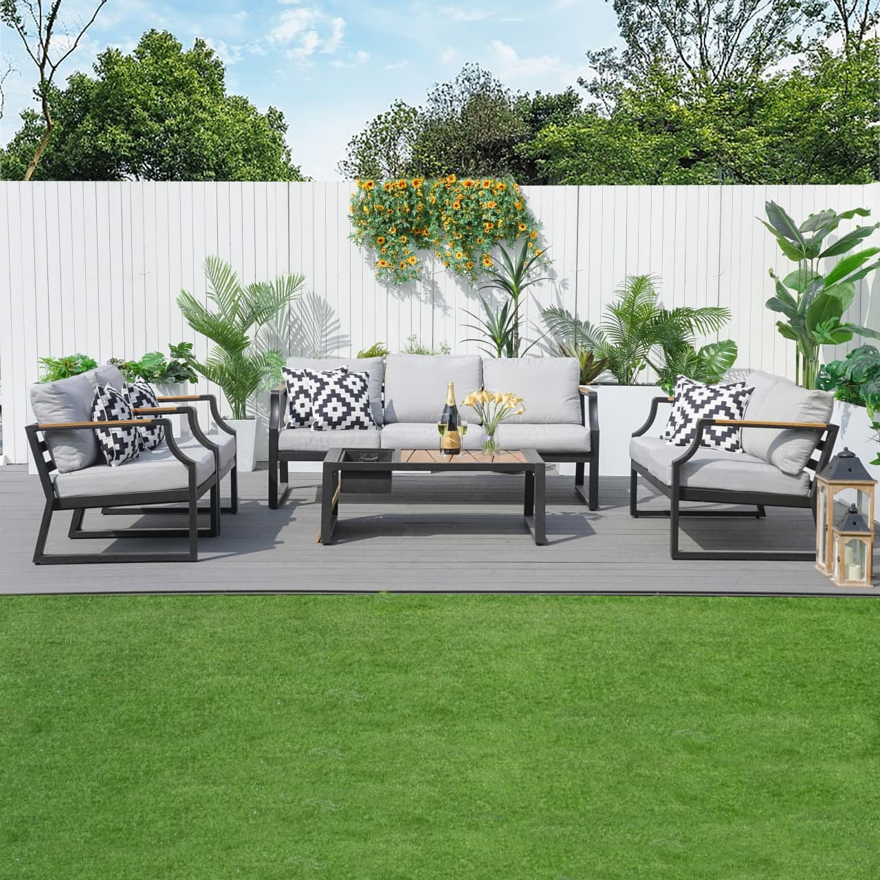 Warranty & Assembly Black Iron Conversational Sofa Set with Gray Cushions and Drink Cooler PAS-2101