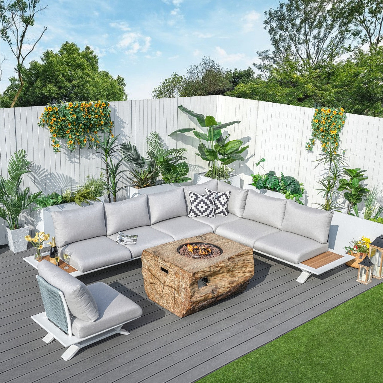 6-Seat Corner Sofa Set with TerraFlame Rectangular Fire Pit Table (PAS-2323WH+2170BR)