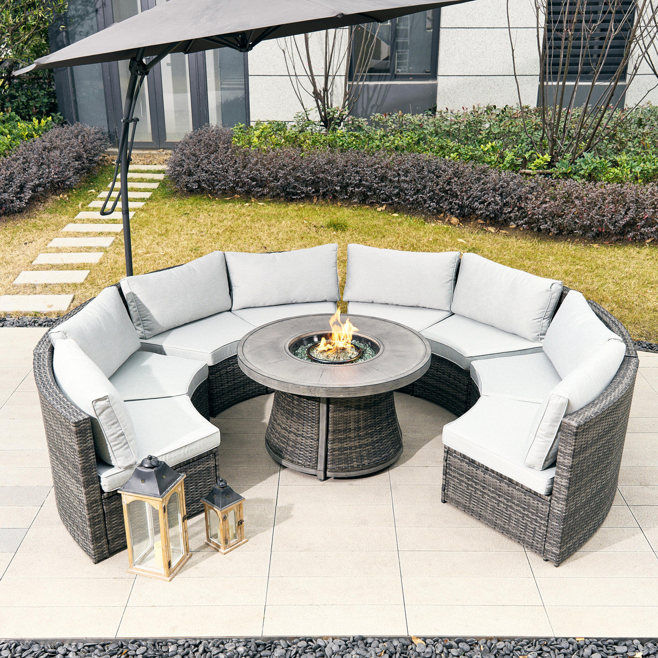 Stylish semi-circular outdoor sofa set with a multifunctional fire pit table