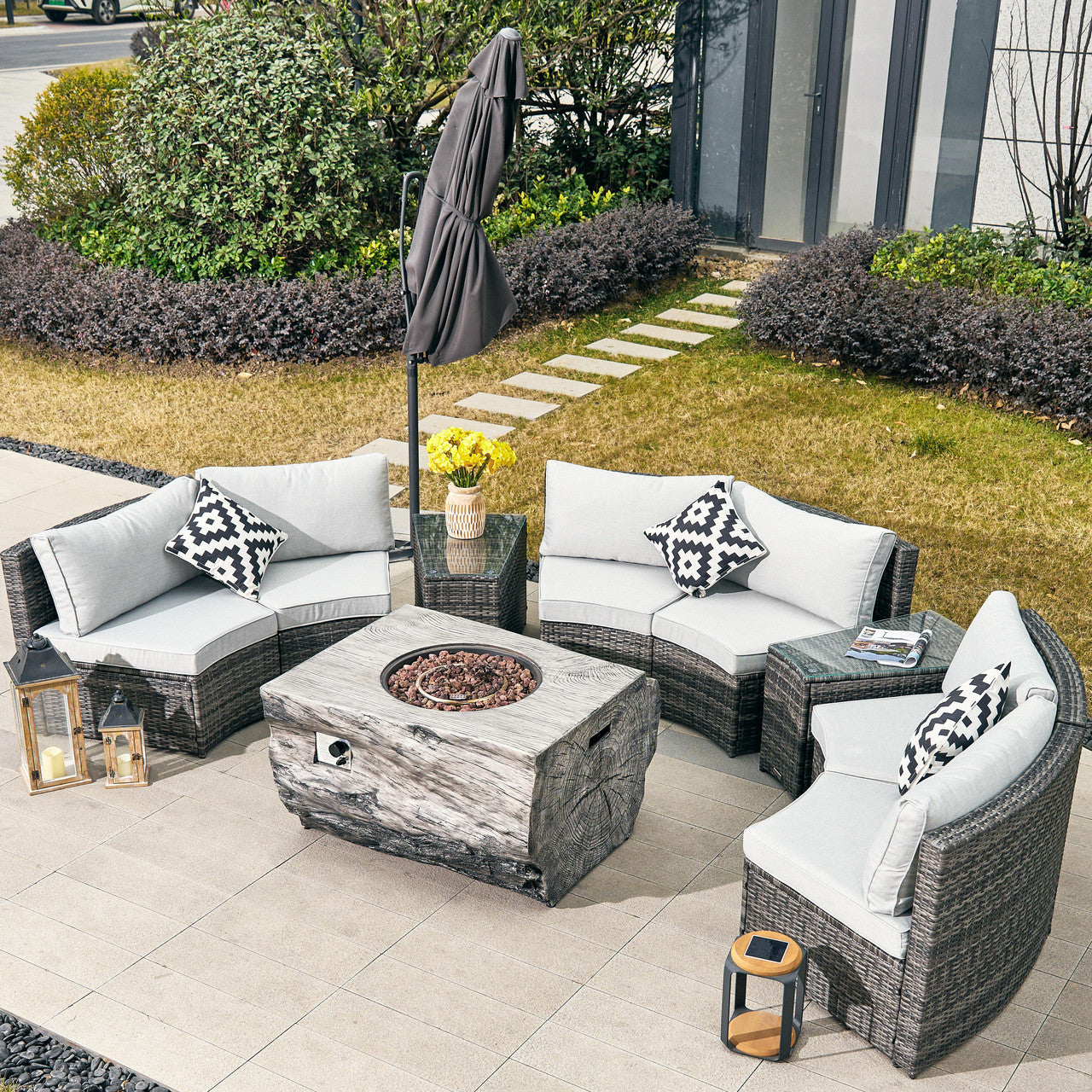 Product includes six single sofas + two side coffee table+one stove table