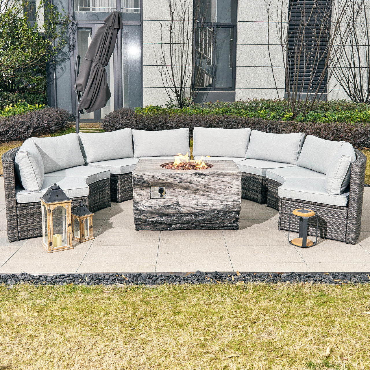 A stylish and versatile outdoor furniture set with a fire pit table for ultimate comfort.