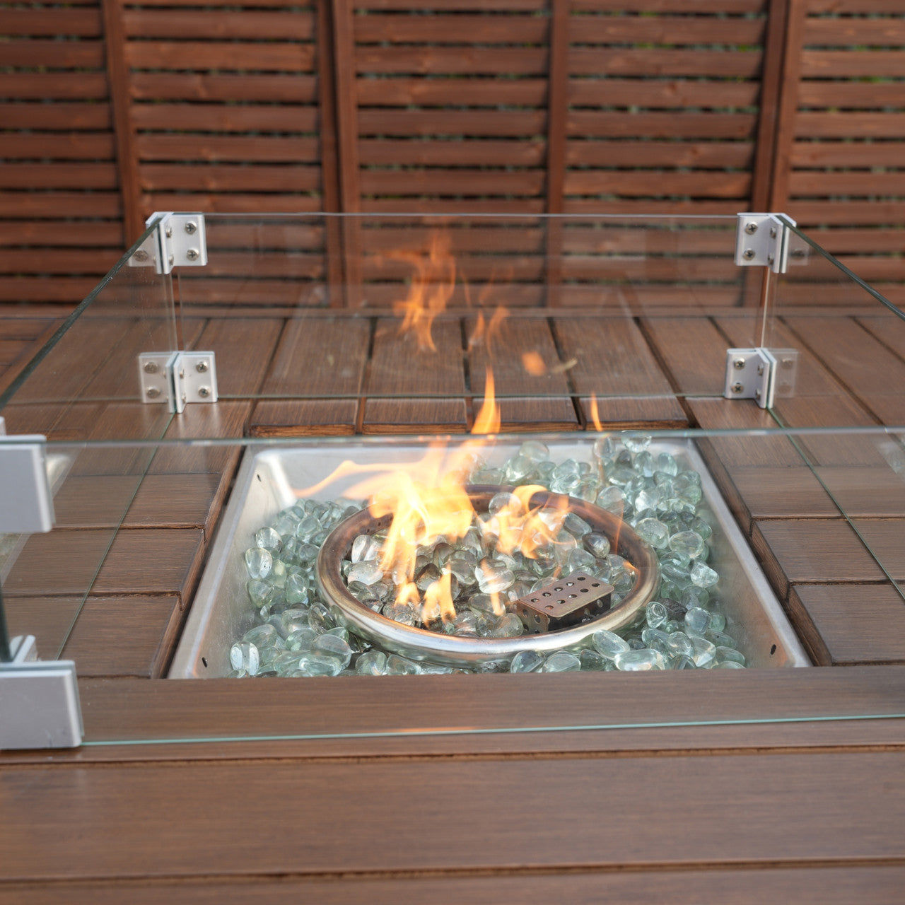 Details of 6 Seats Rectangular Aluminum Painted Fire Table with Ice Bucket and Fireplace