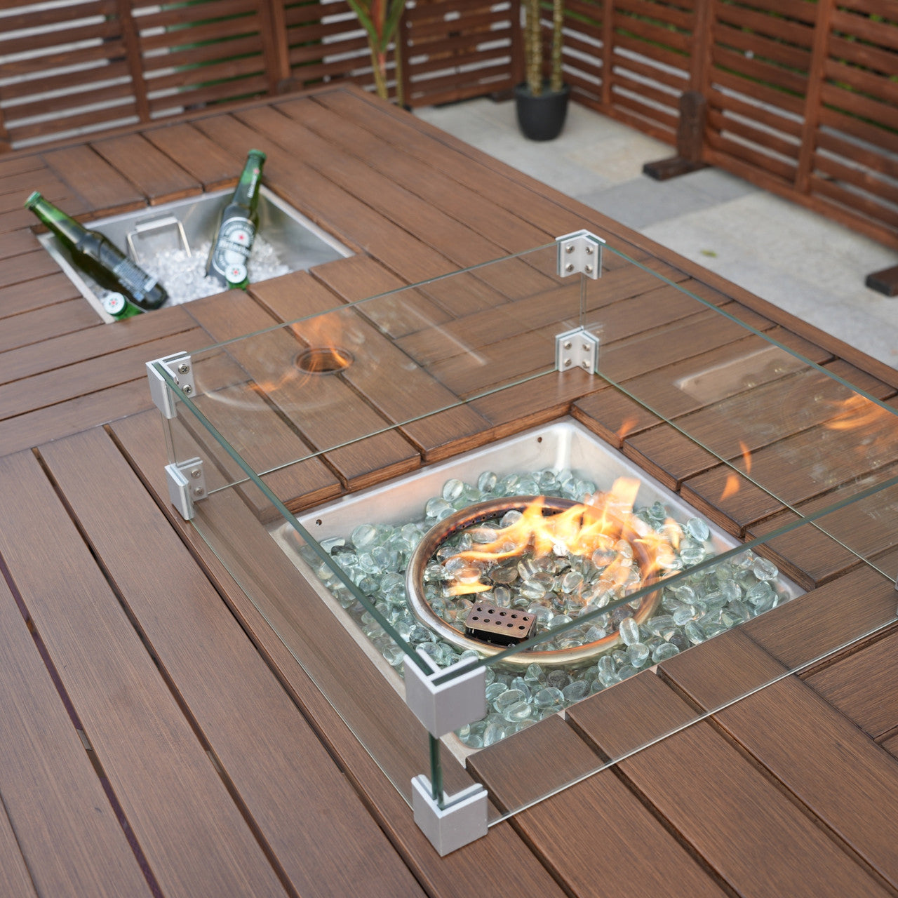Details of 6 Seats Rectangular Aluminum Painted Fire Table with Ice Bucket and Fireplace