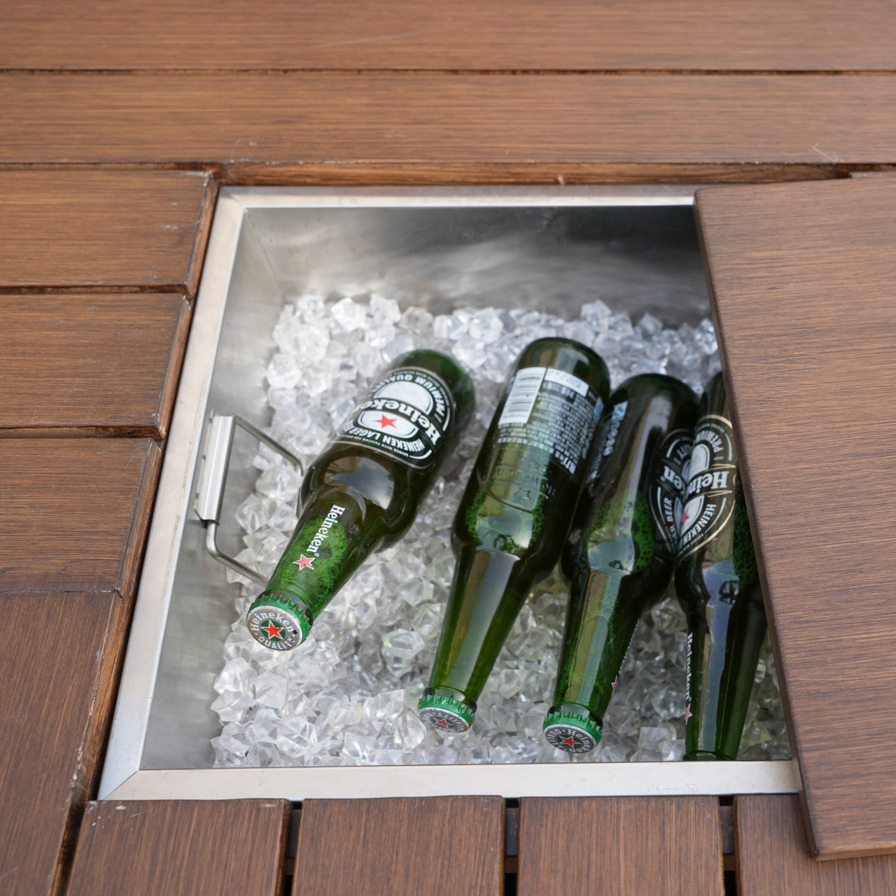 Details of 6 Seats Rectangular Aluminum Painted Fire Table with Ice Bucket and Fireplace