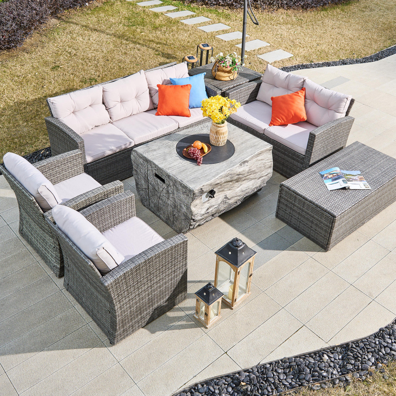 A stylish and durable 7-piece outdoor fire pit sofa set for ultimate comfort and warmth.