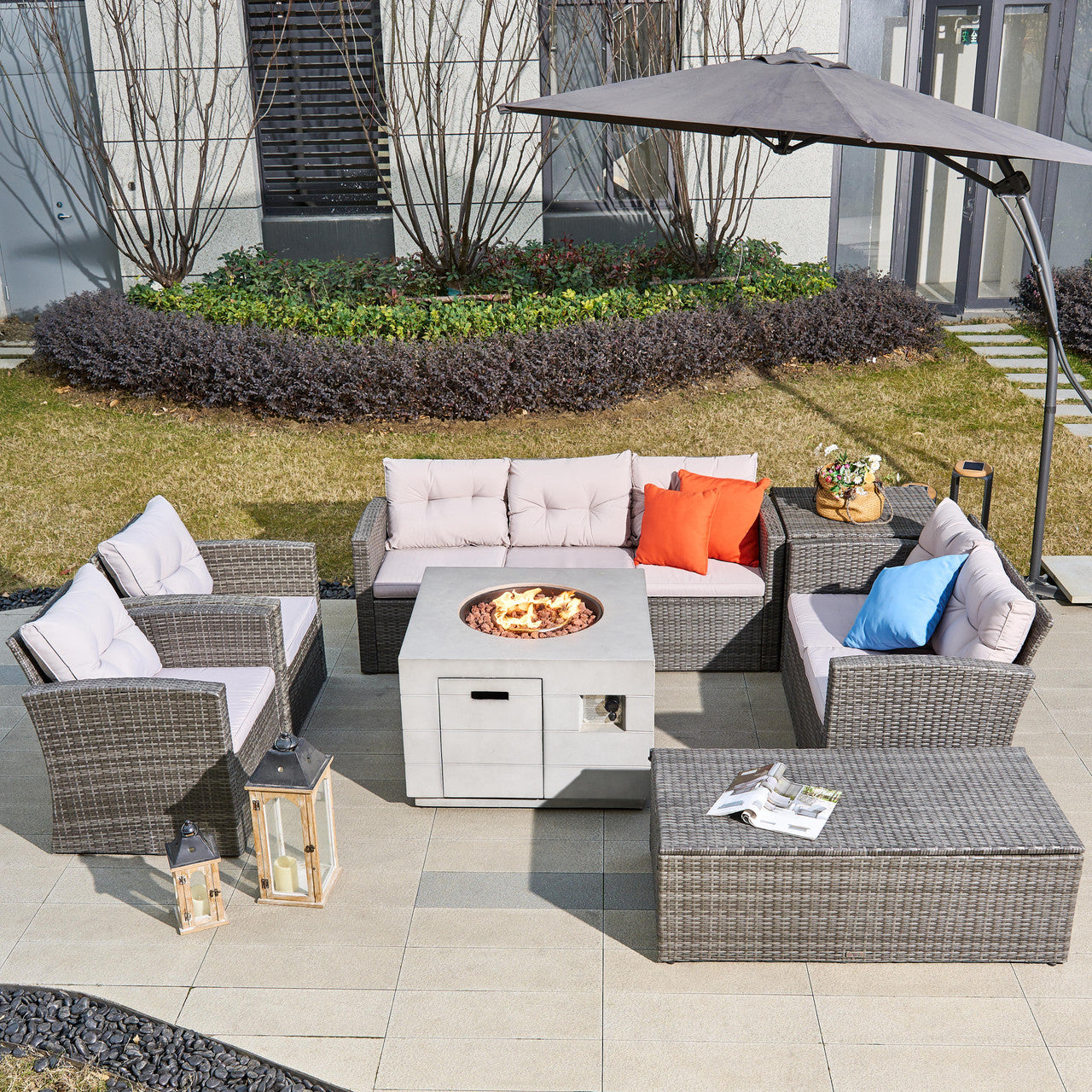 A stylish and durable 7-piece outdoor sofa set with a hand-woven rattan design, featuring a cozy fire pit table and convenient storage options.