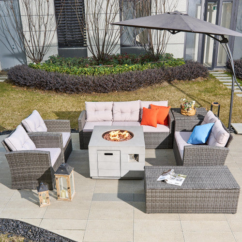 7-Piece Outdoor Fire Pit Sofa Set with Hand-Woven Rattan