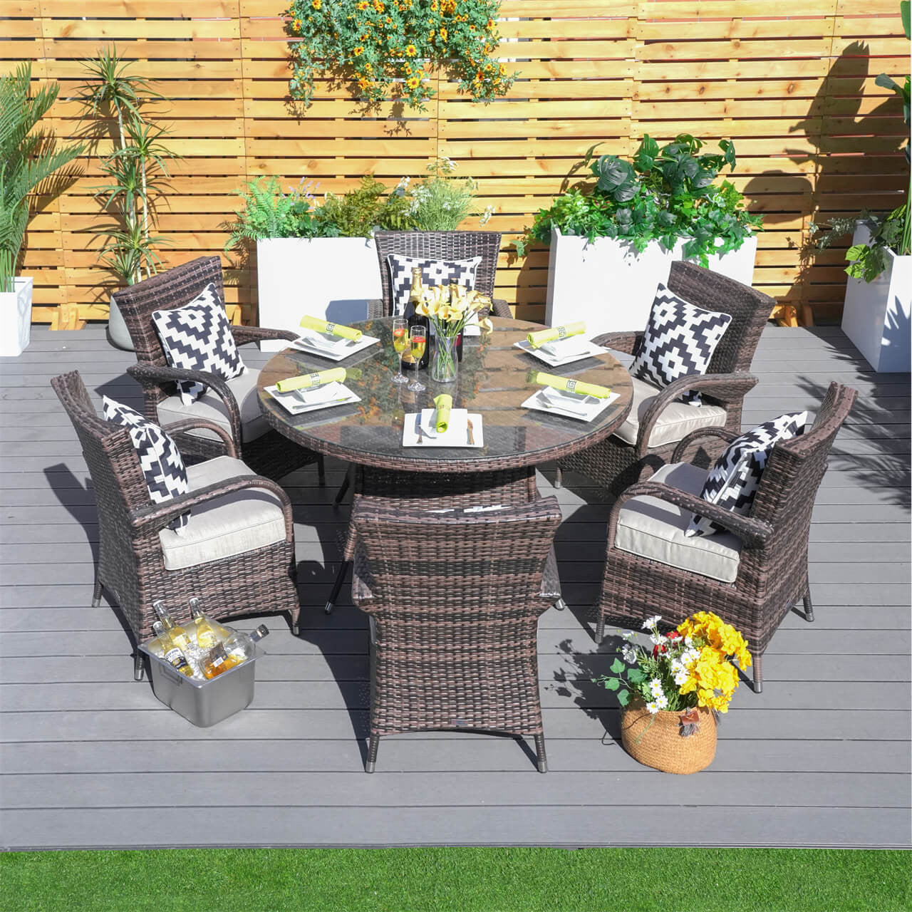 Direct Wicker's 6 Seats Round Dining Set - Table with Chairs In Brown
