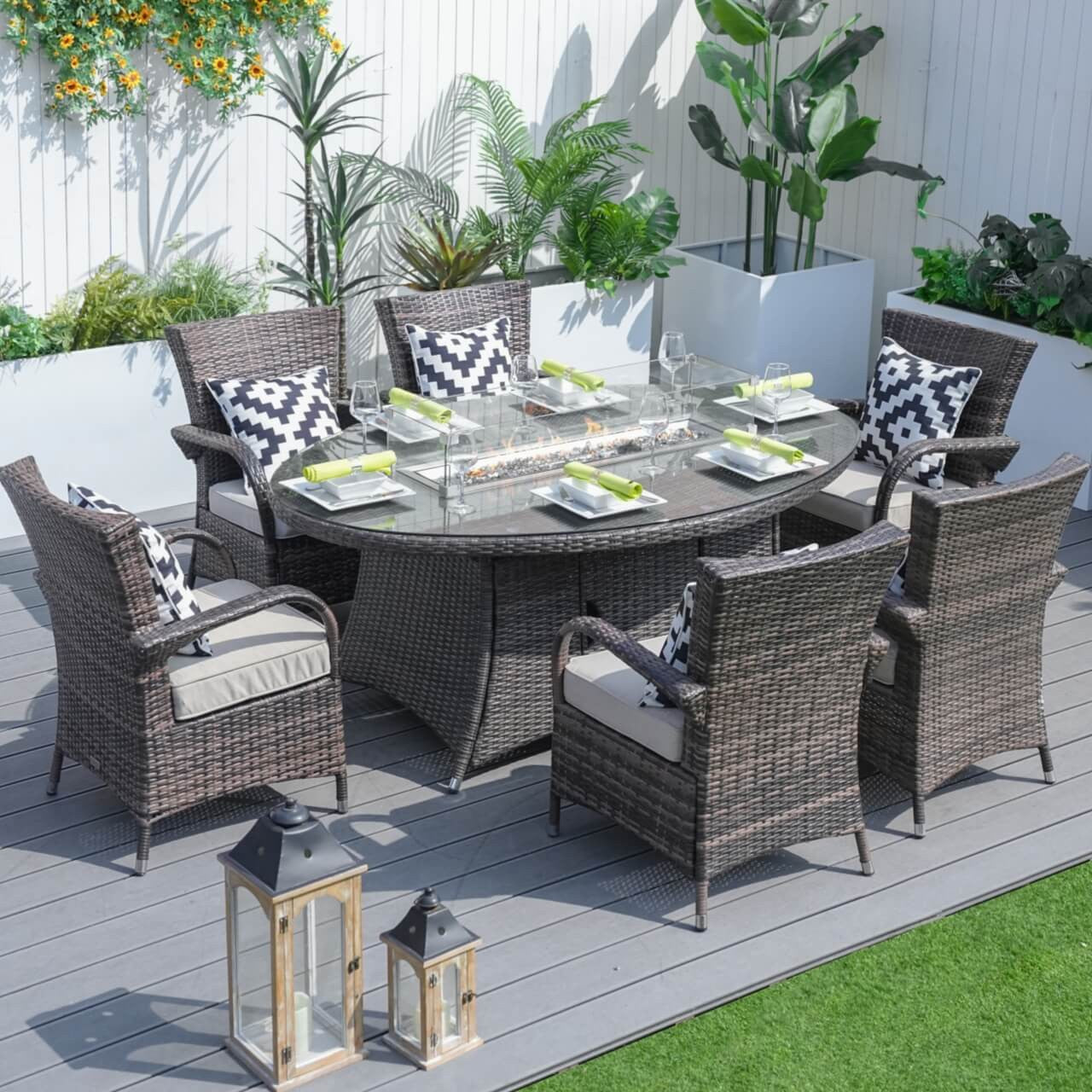 Elegant Outdoor Patio Furniture Set - Brown Wicker Oval Fire Pit Table with 6 Seats PAG-1106O+1122