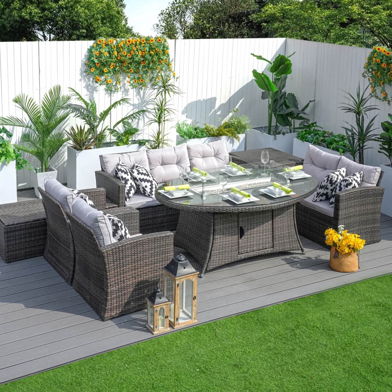 Elegant Outdoor Patio Furniture Set - Brown Wicker Oval Fire Pit Table with 6 Seats PAG-1106O+1503