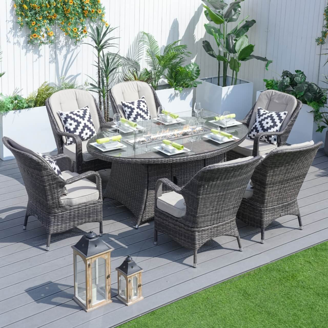 Elegant Outdoor Patio Furniture Set - Brown Wicker Oval Fire Pit Table with 6 Seats PAG-1106O+009