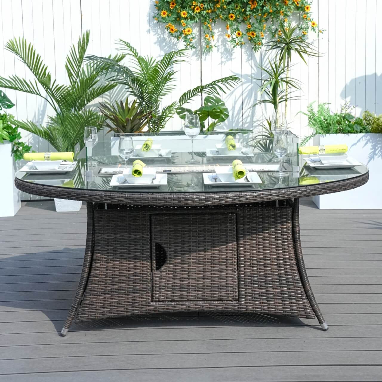 Elegant Outdoor Patio Furniture Set - Brown Wicker Oval Fire Pit Table with 6 Seats PAG-1106O