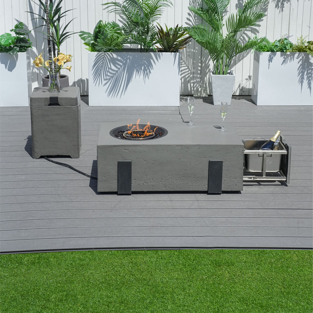 Firepit Table Set with Stainless Steel Ice Bucket & Gas Tank Side Table PAG-2355