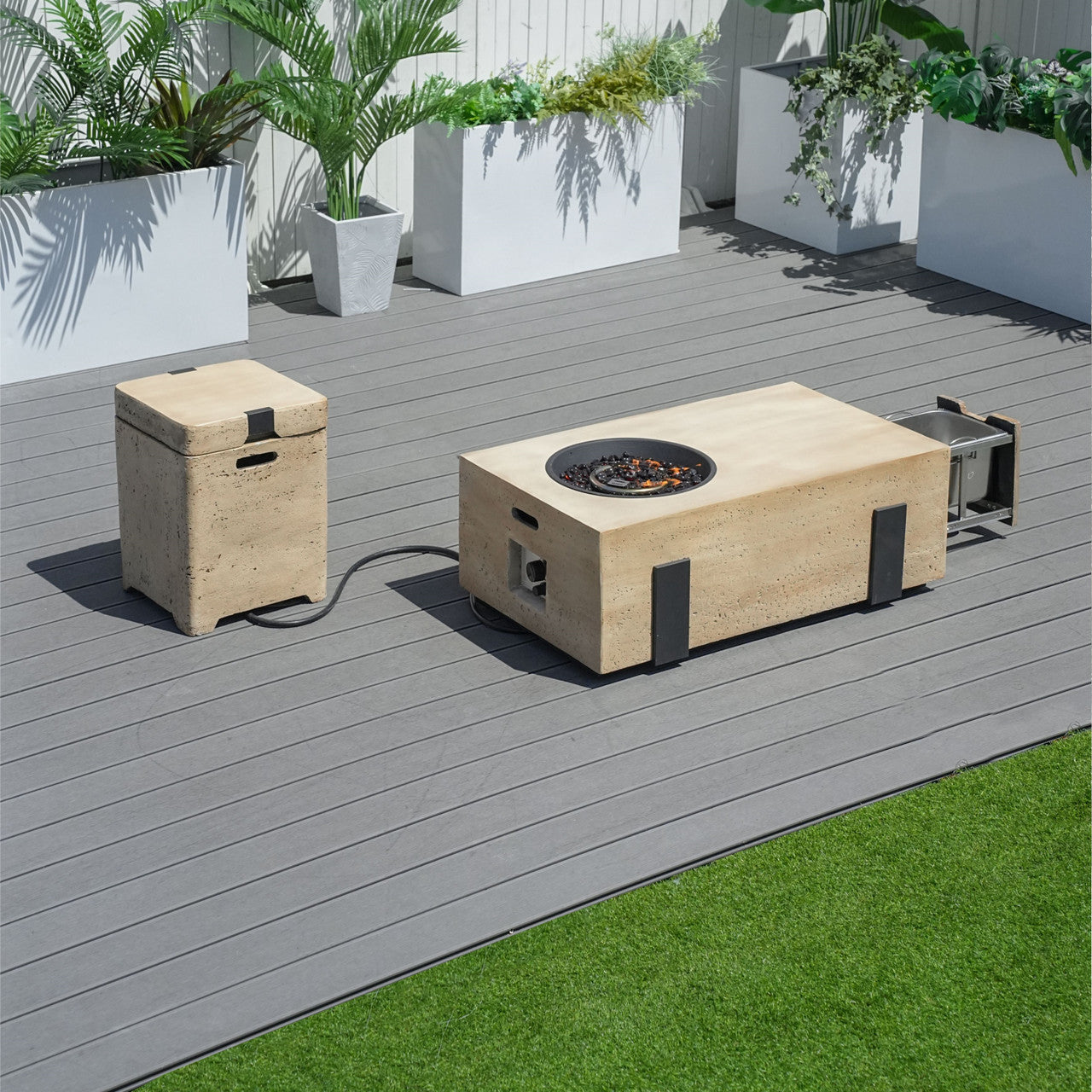 Firepit Table Set with Stainless Steel Ice Bucket & Gas Tank Side Table