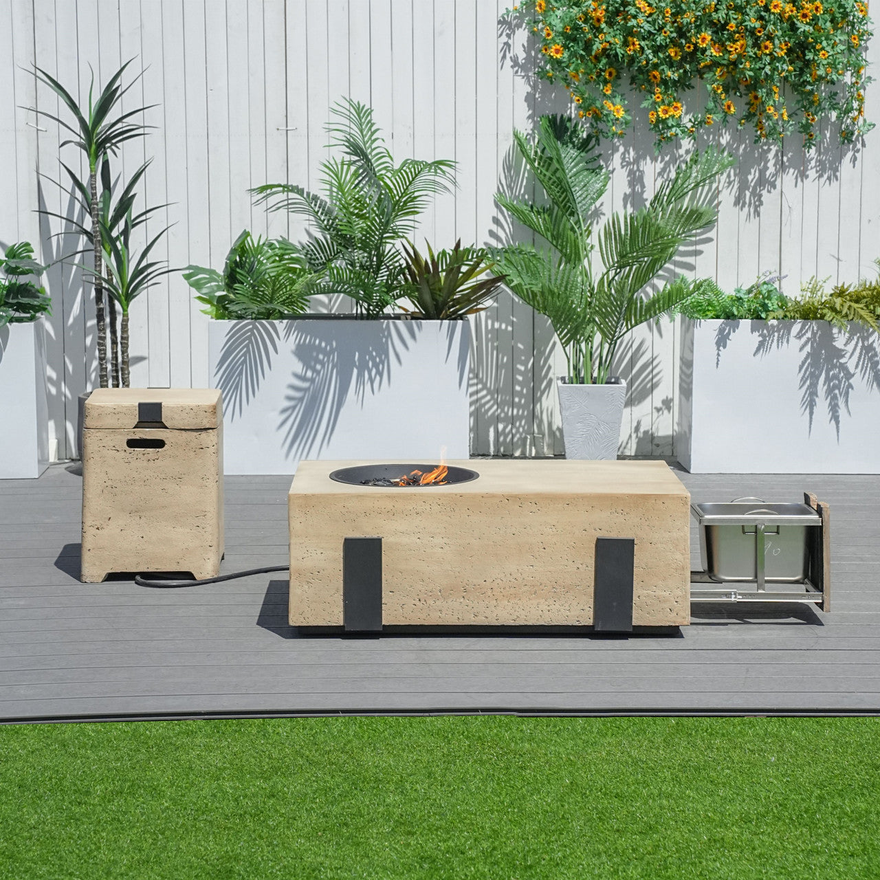 Firepit Table Set with Stainless Steel Ice Bucket & Gas Tank Side Table PAG-2355