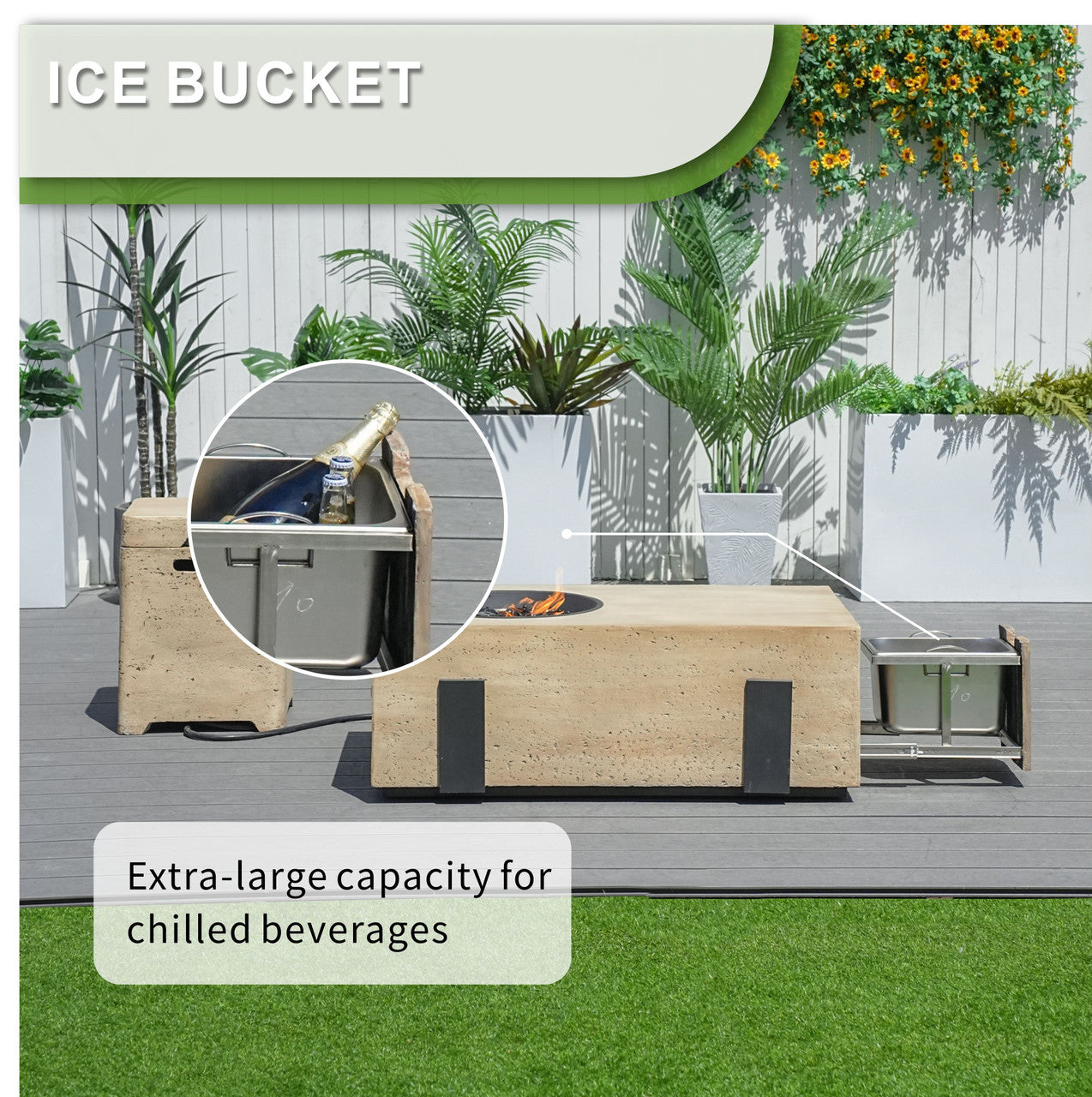 Firepit Table Set with Stainless Steel Ice Bucket & Gas Tank Side Table PAG-2355