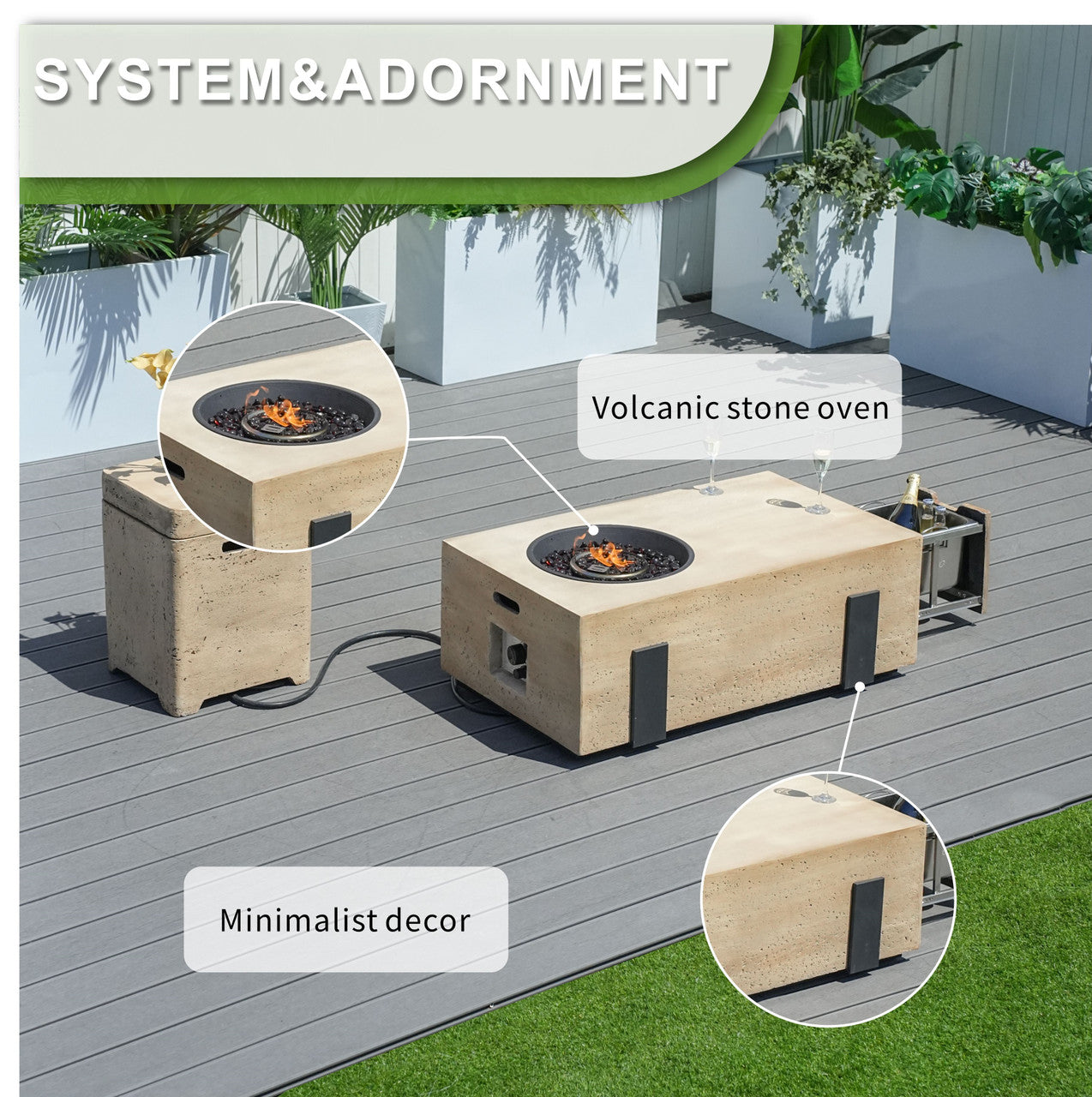 Firepit Table Set with Stainless Steel Ice Bucket & Gas Tank Side Table PAG-2355