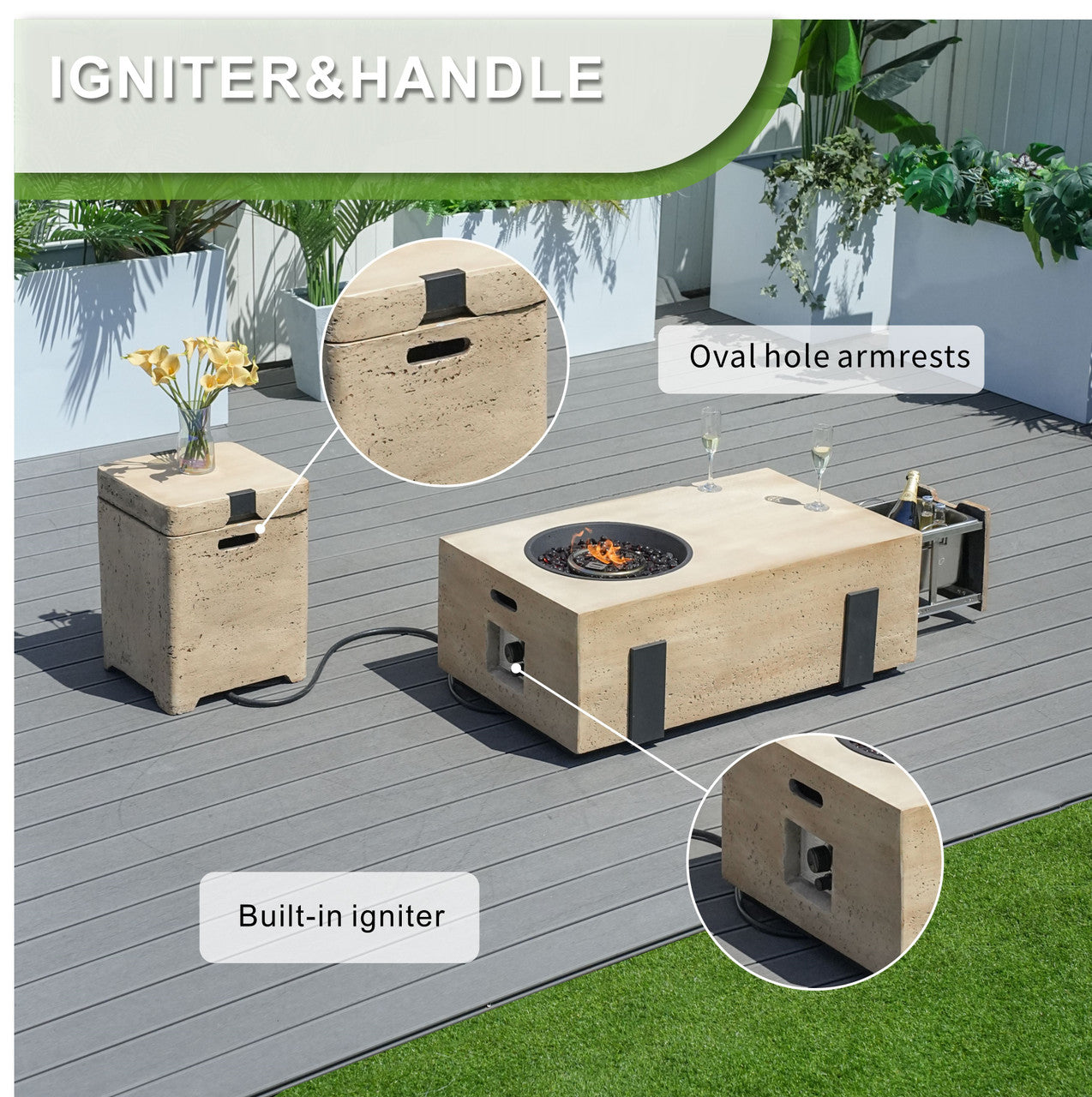 Firepit Table Set with Stainless Steel Ice Bucket & Gas Tank Side Table PAG-2355