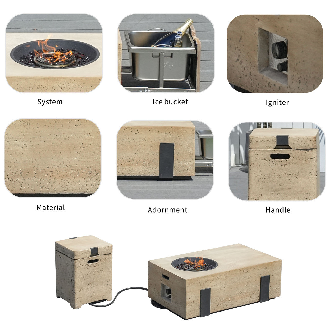 Firepit Table Set with Stainless Steel Ice Bucket & Gas Tank Side Table PAG-2355