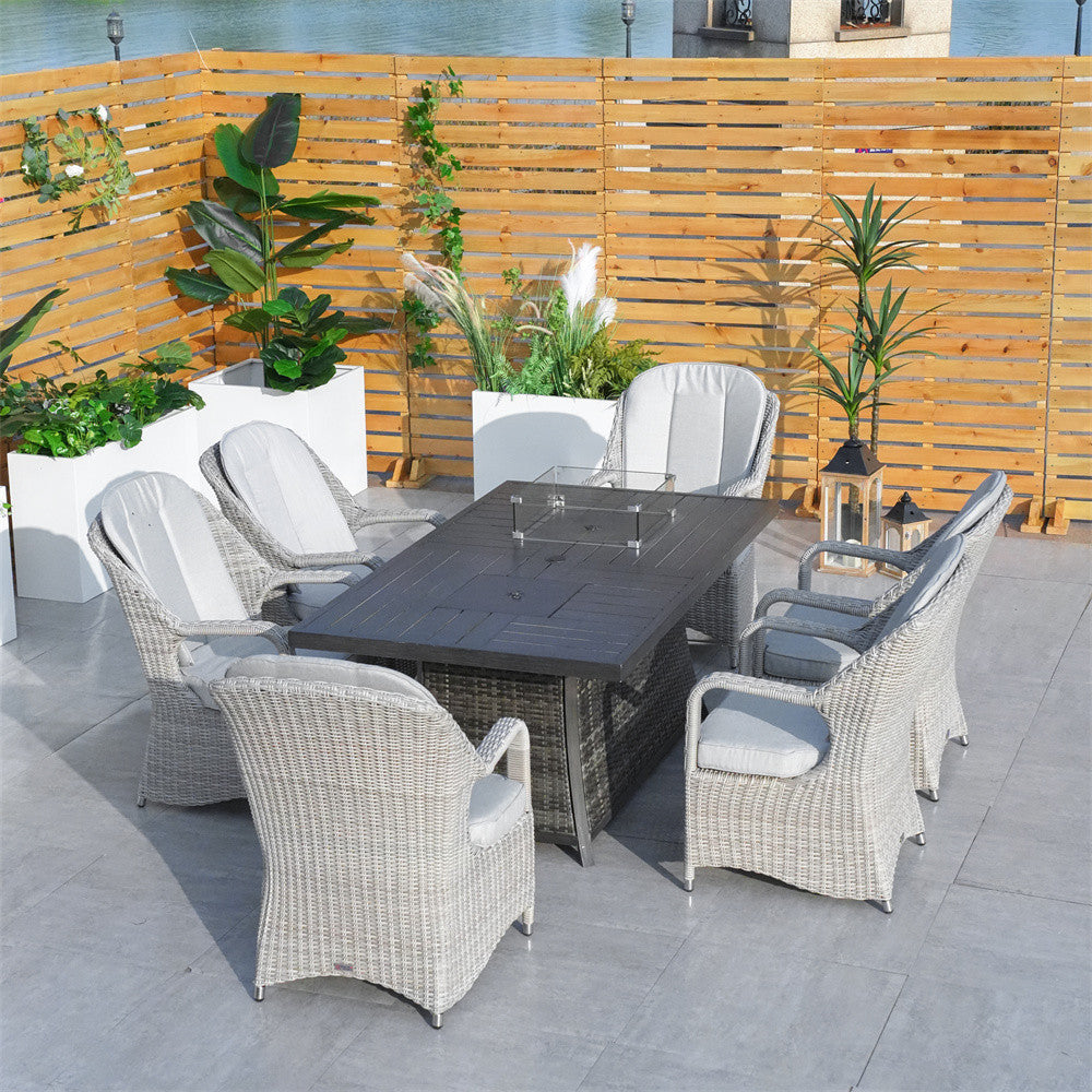 6 Seats Rectangular Patio Firepit Table in Brown with Semi-circular Rattan Chairs